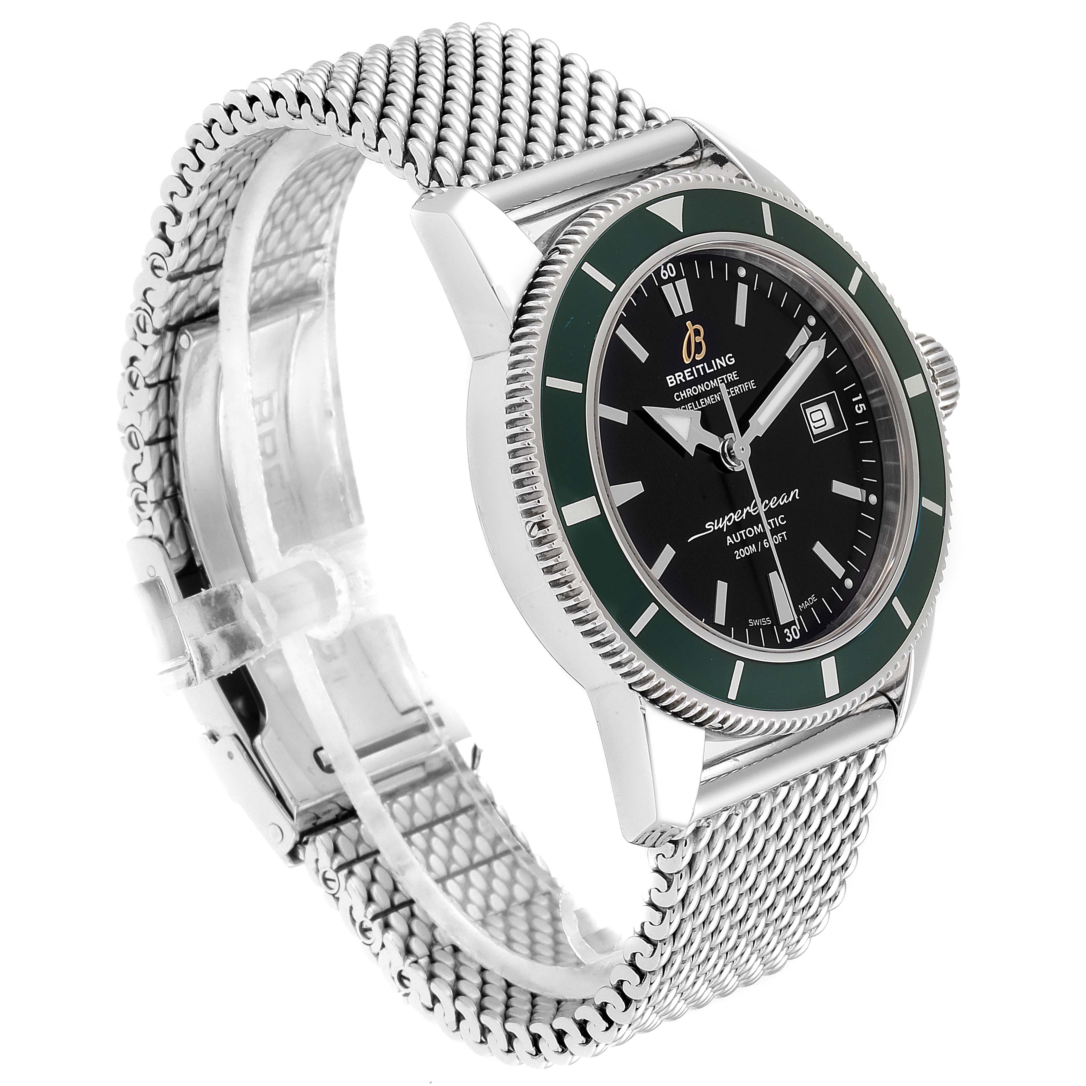 The image shows a side view of the Breitling Superocean A17321 Men's Stainless Steel Black Dial A17321 Men's Stainless Steel Black Dial watch, highlighting its face, bezel, crown, and metal mesh bracelet.