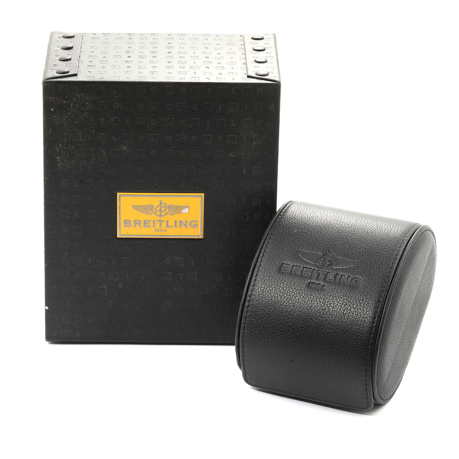 The image shows a Breitling Superocean A17321 Men's Stainless Steel Black Dial A17321 Men's Stainless Steel Black Dial watch box and a separate black leather travel case with the brand's logo.