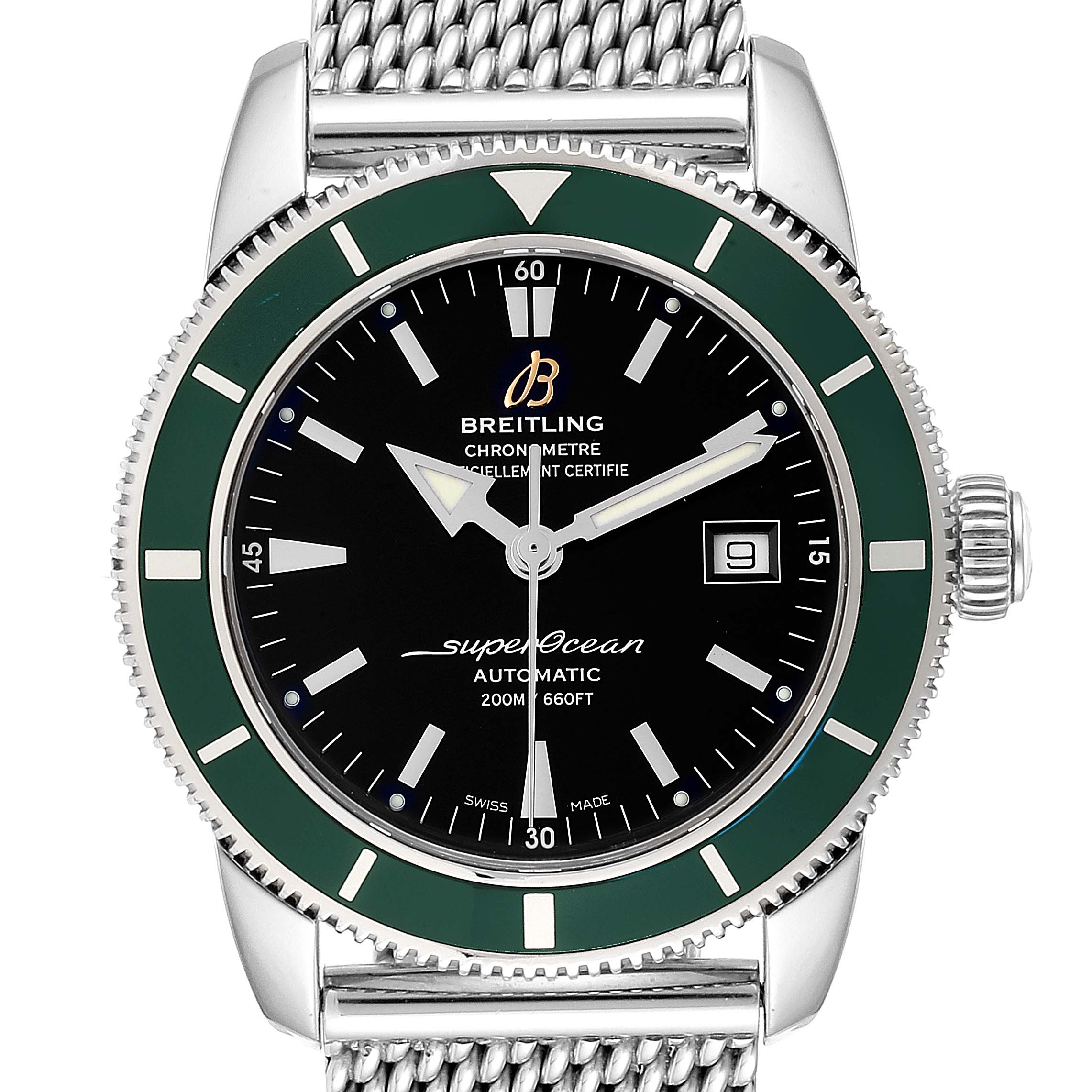 The image shows a Breitling Superocean A17321 Men's Stainless Steel Black Dial A17321 Men's Stainless Steel Black Dial watch from a front angle, displaying the dial, bezel, crown, and part of the stainless steel mesh bracelet.
