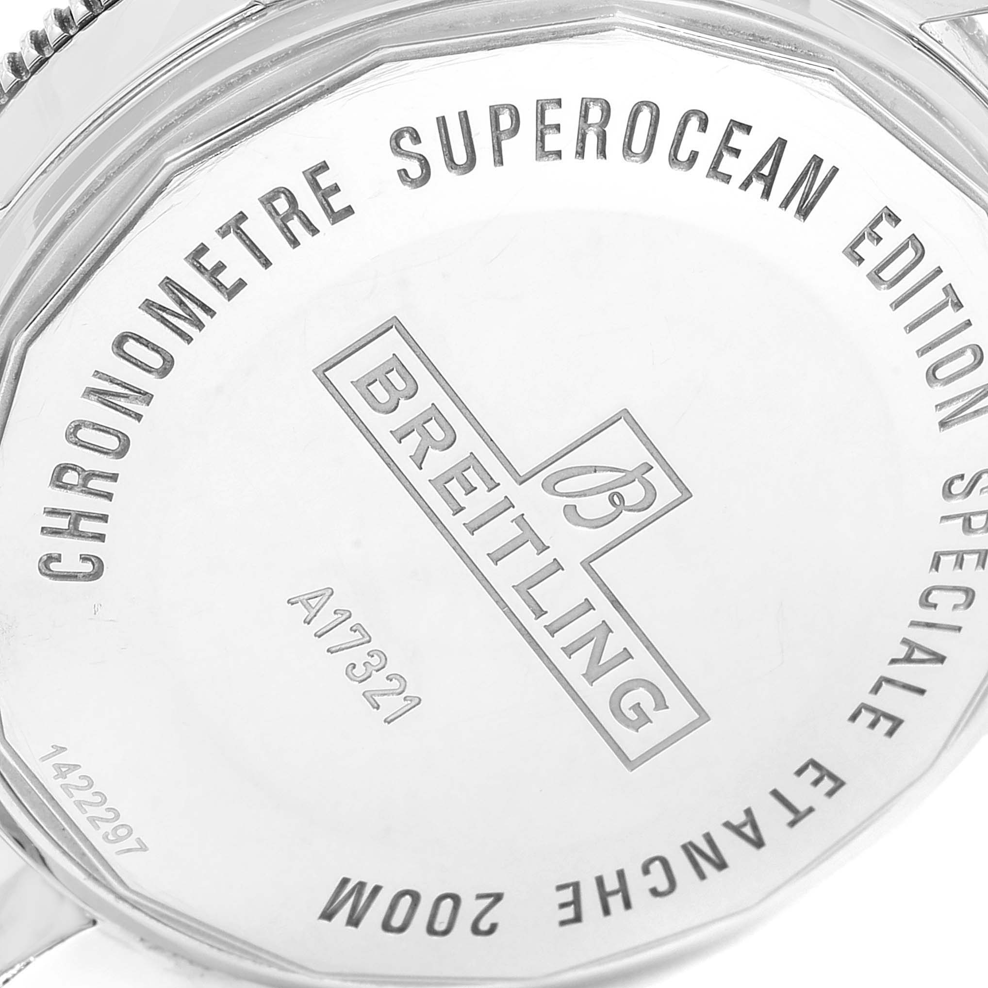 The image shows the case back of a Breitling Superocean A17321 Men's Stainless Steel Black Dial A17321 Men's Stainless Steel Black Dial watch with engraved details.