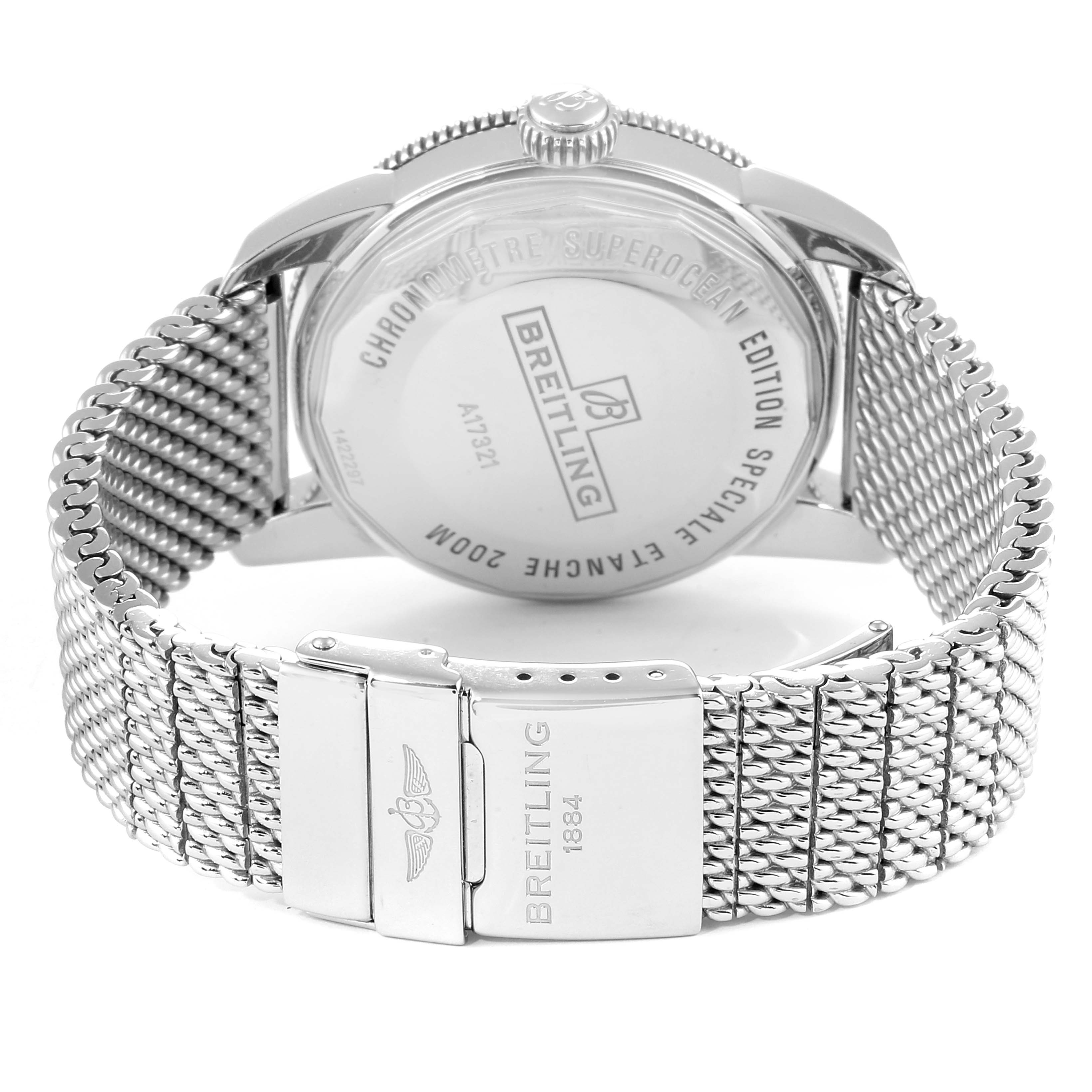 This image shows the back view and mesh bracelet clasp of the Breitling Superocean A17321 Men's Stainless Steel Black Dial A17321 Men's Stainless Steel Black Dial watch.