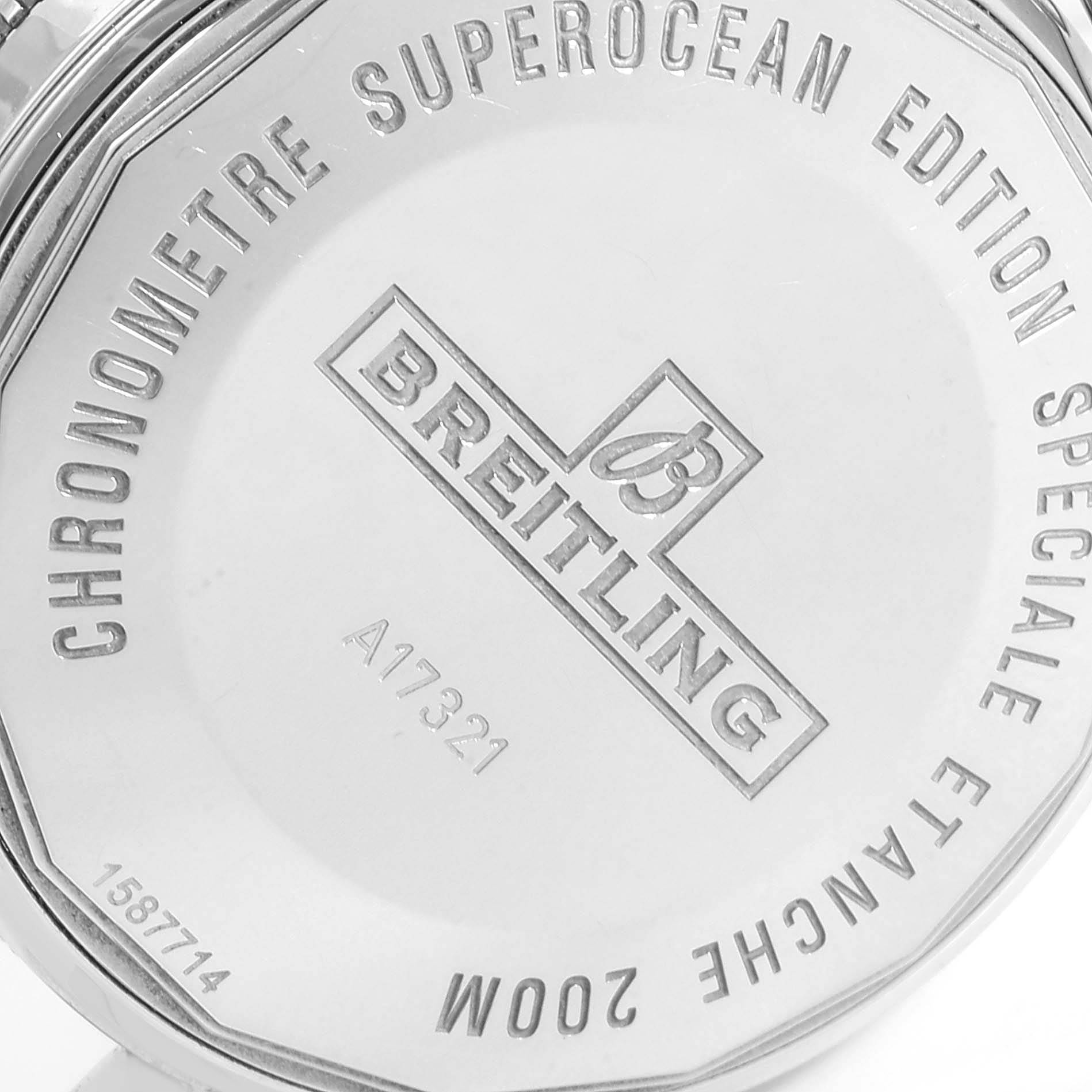The image shows the back case of the Breitling Superocean A17321 Men's Stainless Steel Silver Dial A17321 Men's Stainless Steel Silver Dial watch, highlighting its engraved branding and model details.