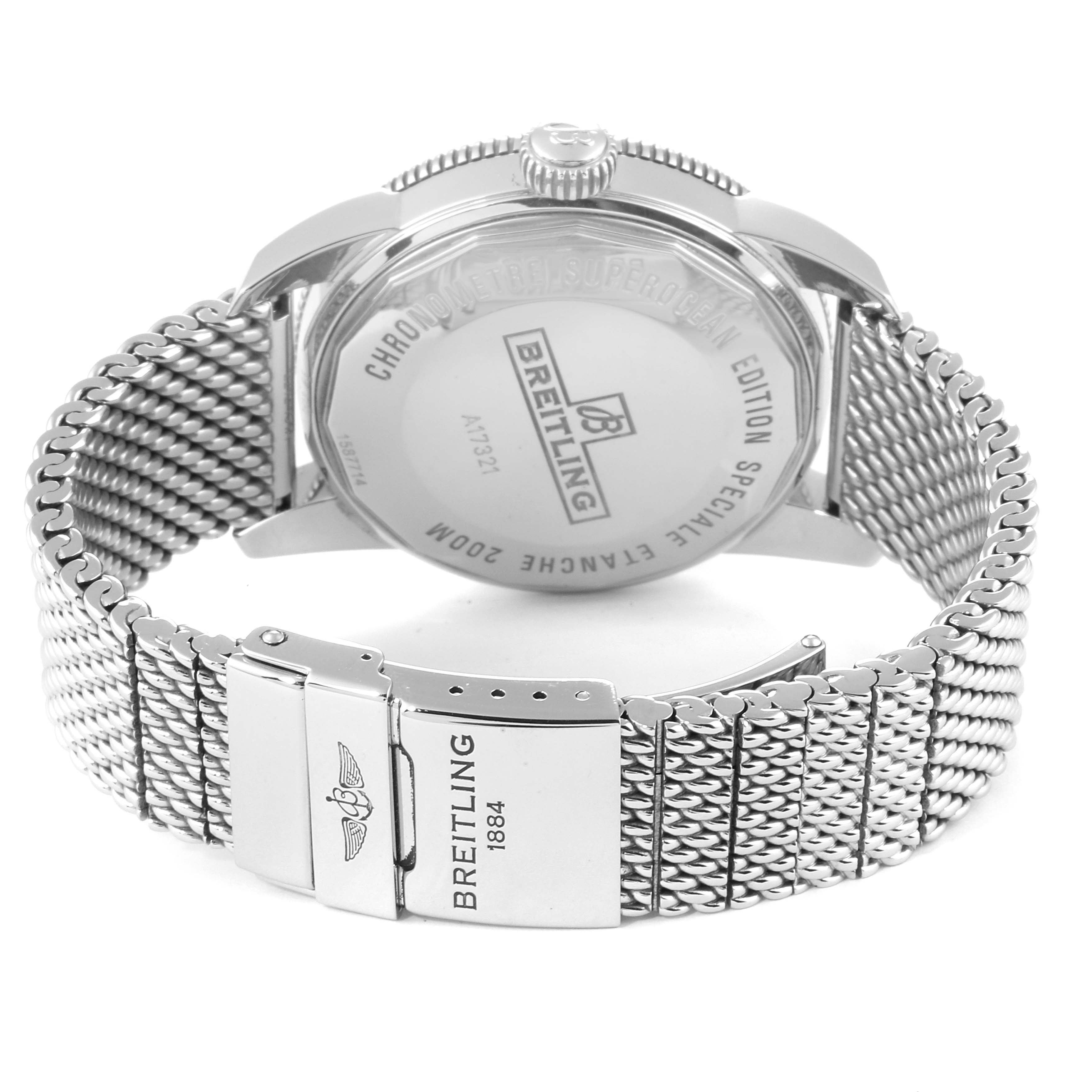 The image shows the back case and mesh bracelet of a Breitling Superocean A17321 Men's Stainless Steel Silver Dial A17321 Men's Stainless Steel Silver Dial watch.