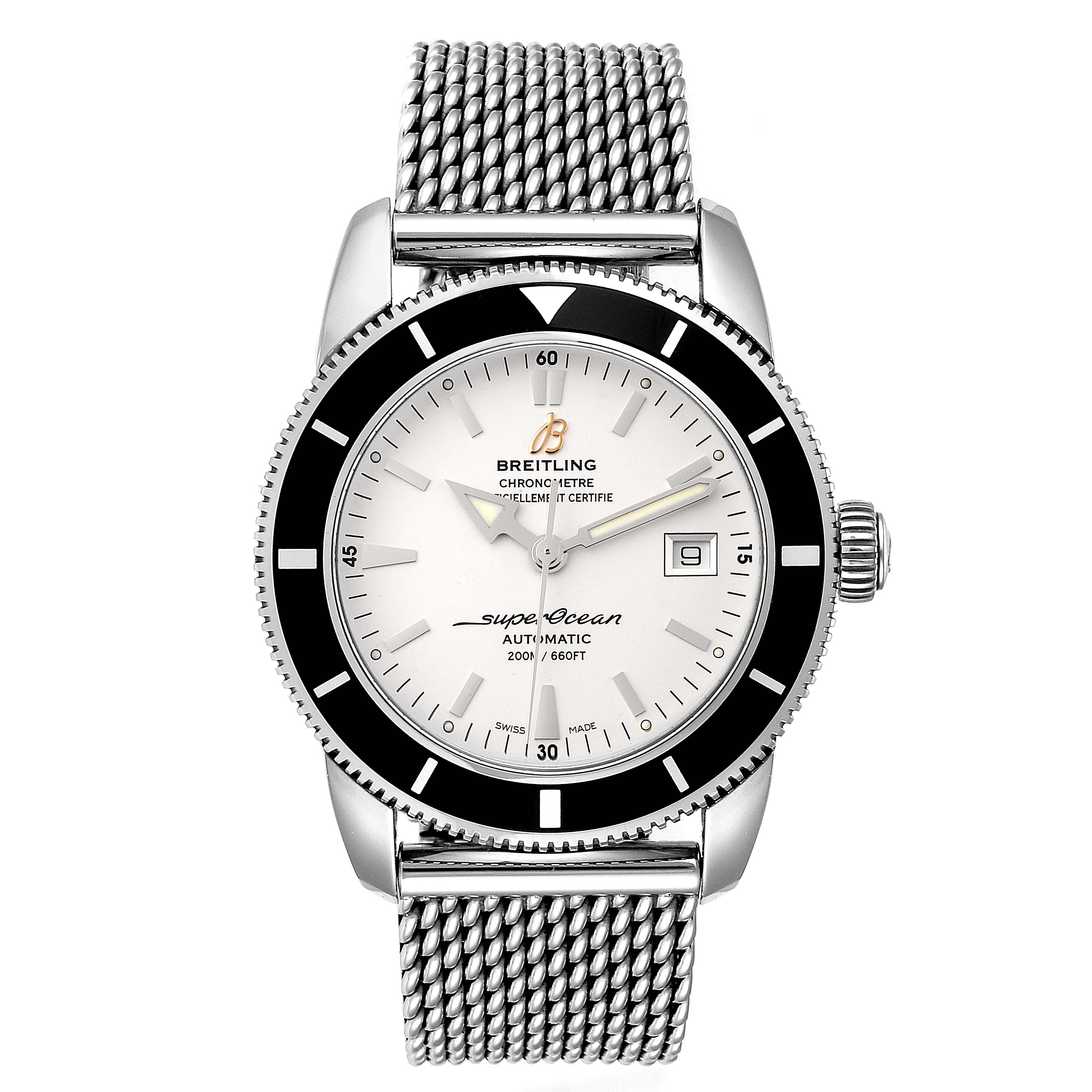 This image shows a frontal view of the Breitling Superocean A17321 Men's Stainless Steel Silver Dial A17321 Men's Stainless Steel Silver Dial watch, highlighting the dial, bezel, crown, and mesh bracelet.