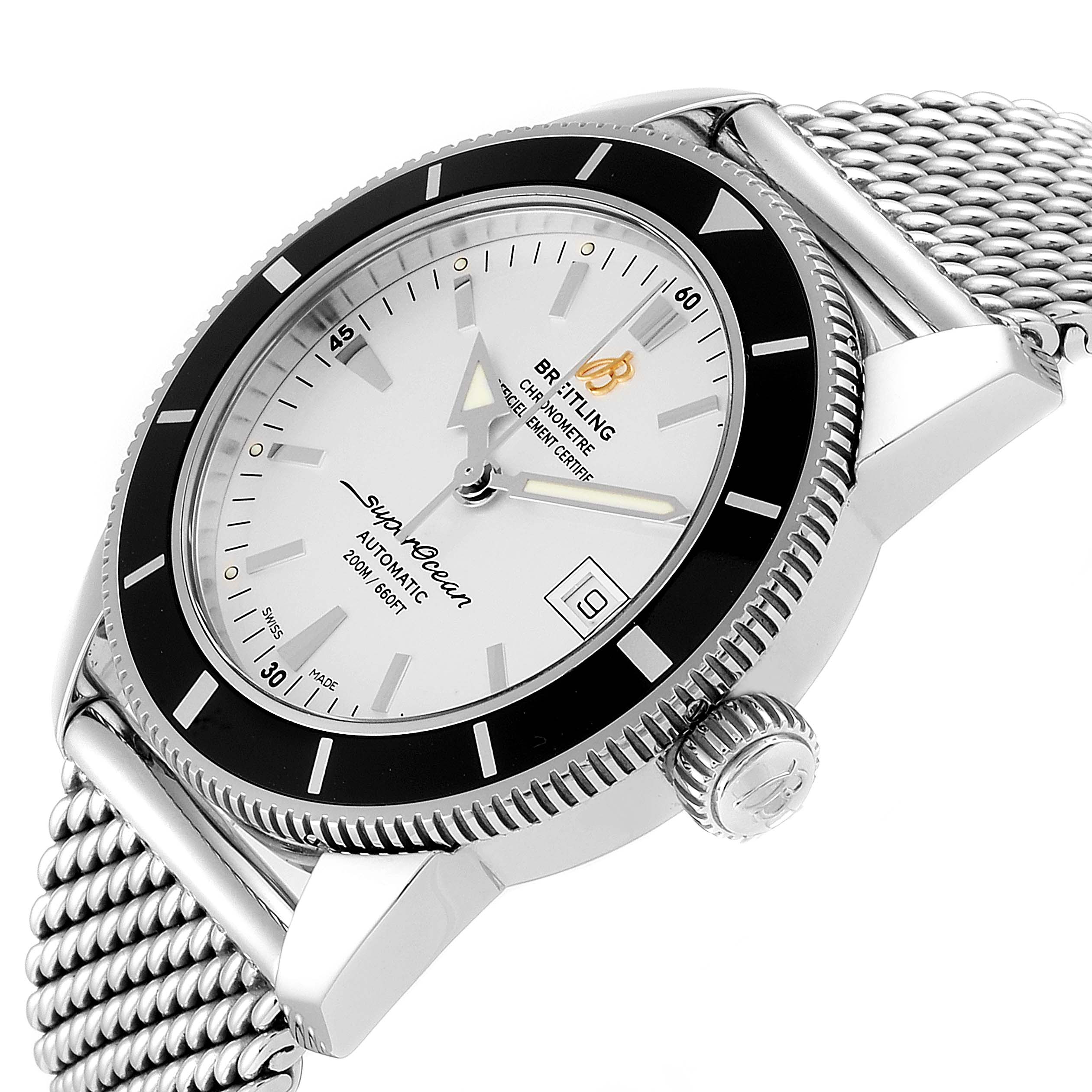 This image shows the Breitling Superocean A17321 Men's Stainless Steel Silver Dial A17321 Men's Stainless Steel Silver Dial watch from an angled side view, highlighting the face, bezel, and mesh strap.