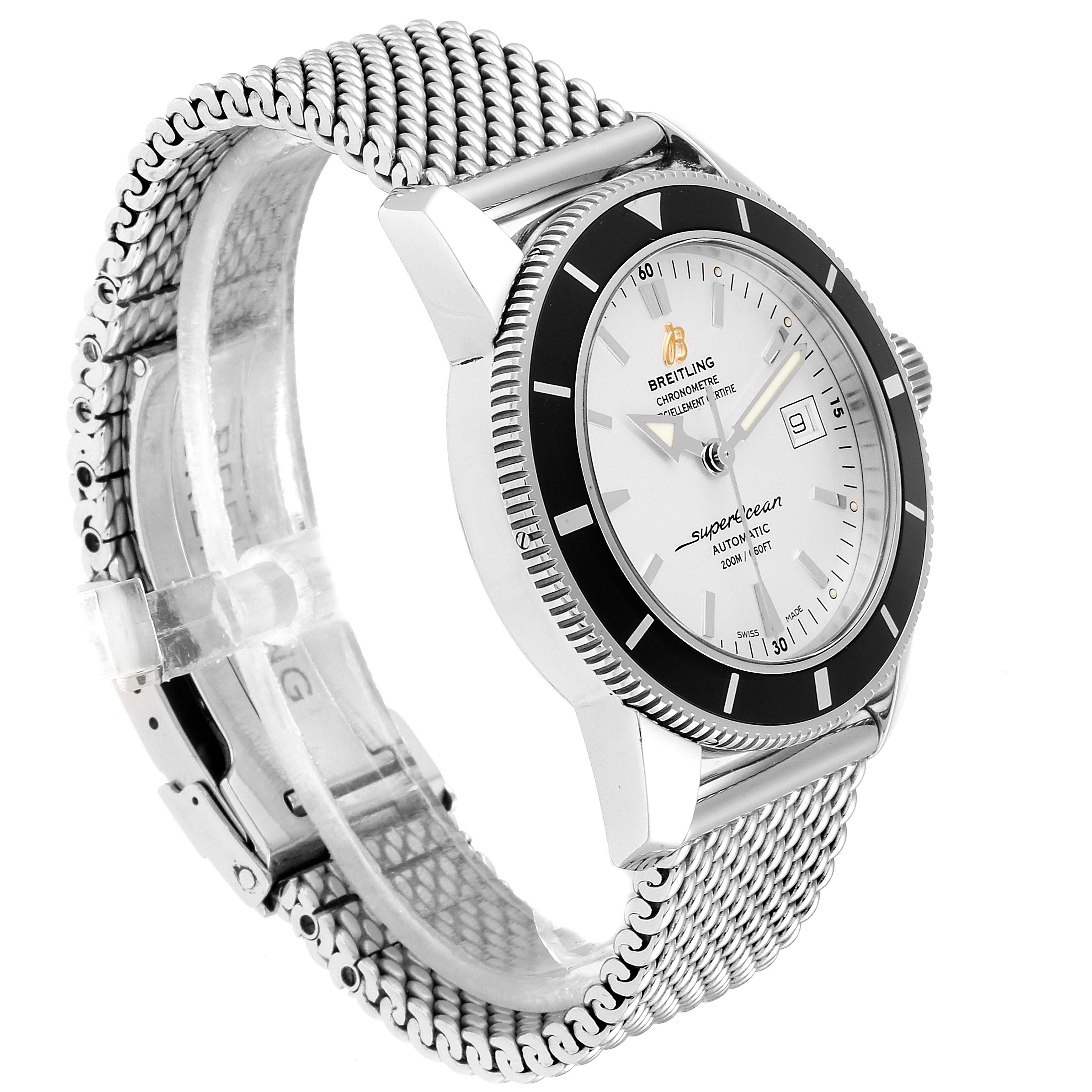 The image shows a Breitling Superocean A17321 Men's Stainless Steel Silver Dial A17321 Men's Stainless Steel Silver Dial watch from a side angle, highlighting its face, bezel, and mesh bracelet.