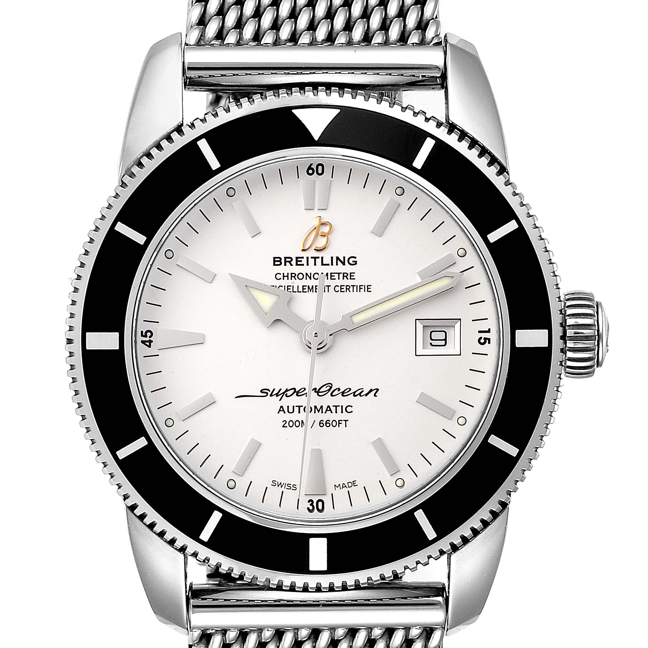 The Breitling Superocean A17321 Men's Stainless Steel Silver Dial A17321 Men's Stainless Steel Silver Dial watch is shown from the front, displaying its dial, bezel, crown, and part of the bracelet.