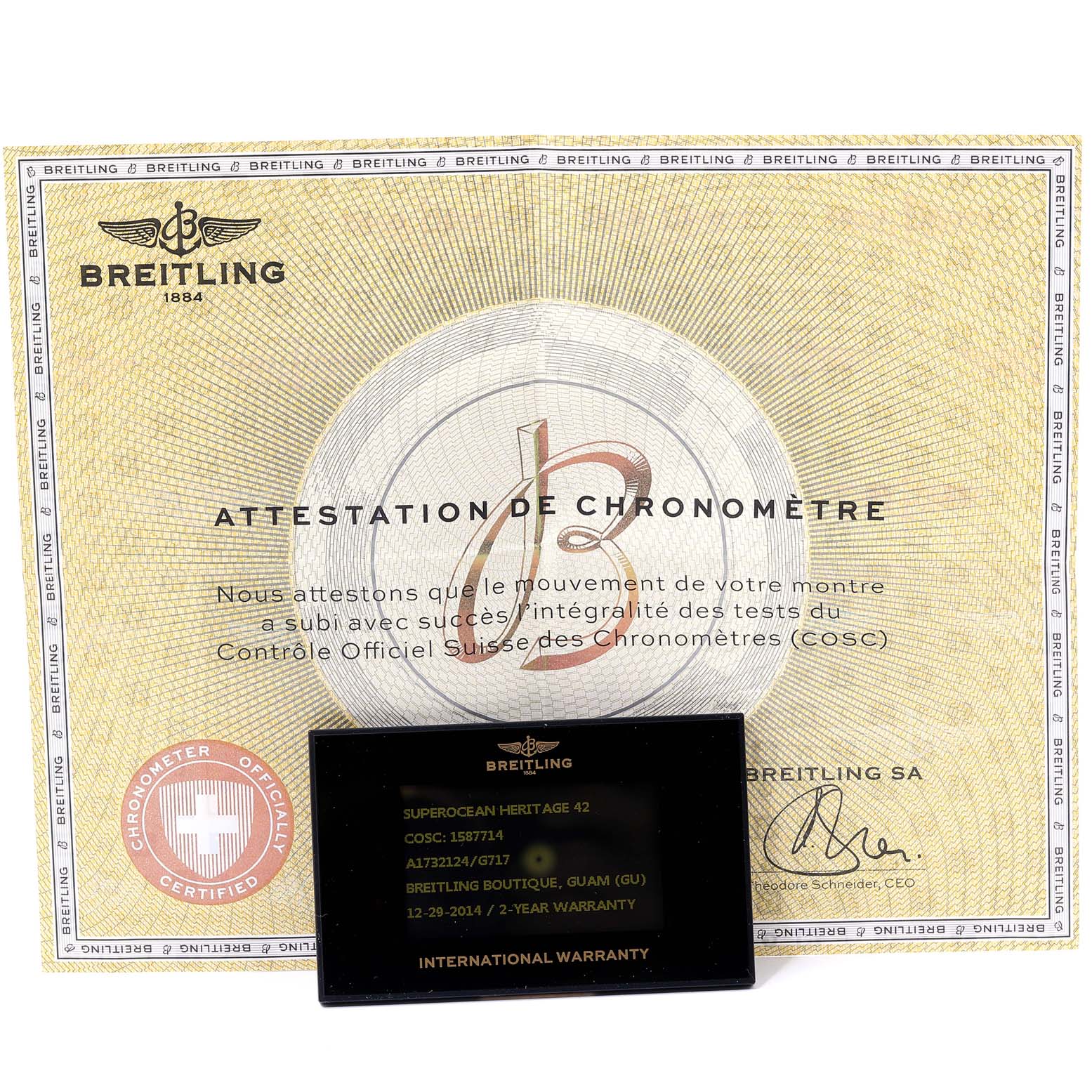 The image shows the international warranty card and chronometer certification for the Breitling Superocean A17321 Men's Stainless Steel Silver Dial A17321 Men's Stainless Steel Silver Dial model.