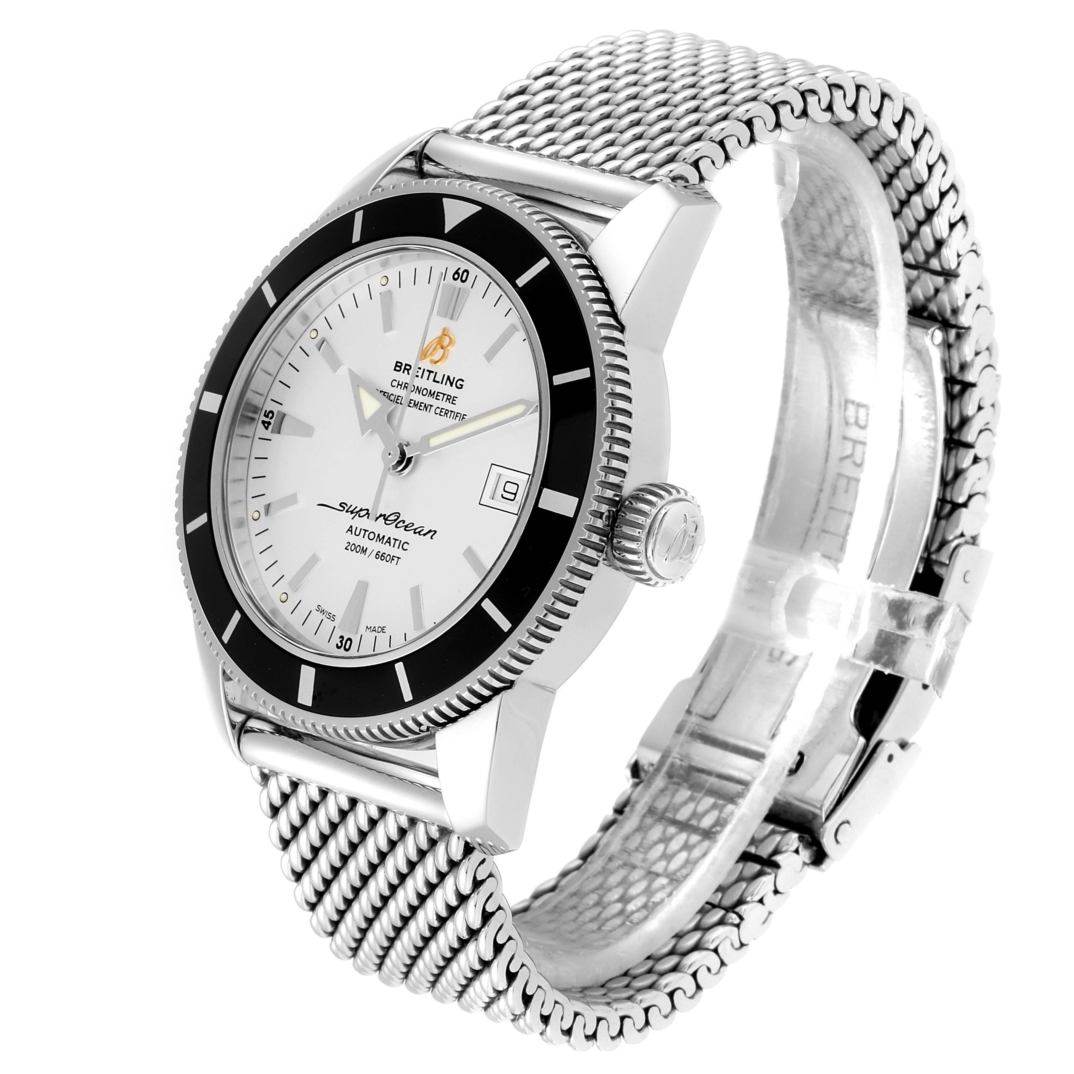 The image shows a side-perspective view of the Breitling Superocean A17321 Men's Stainless Steel Silver Dial A17321 Men's Stainless Steel Silver Dial watch, highlighting the dial, bezel, and mesh-style bracelet.