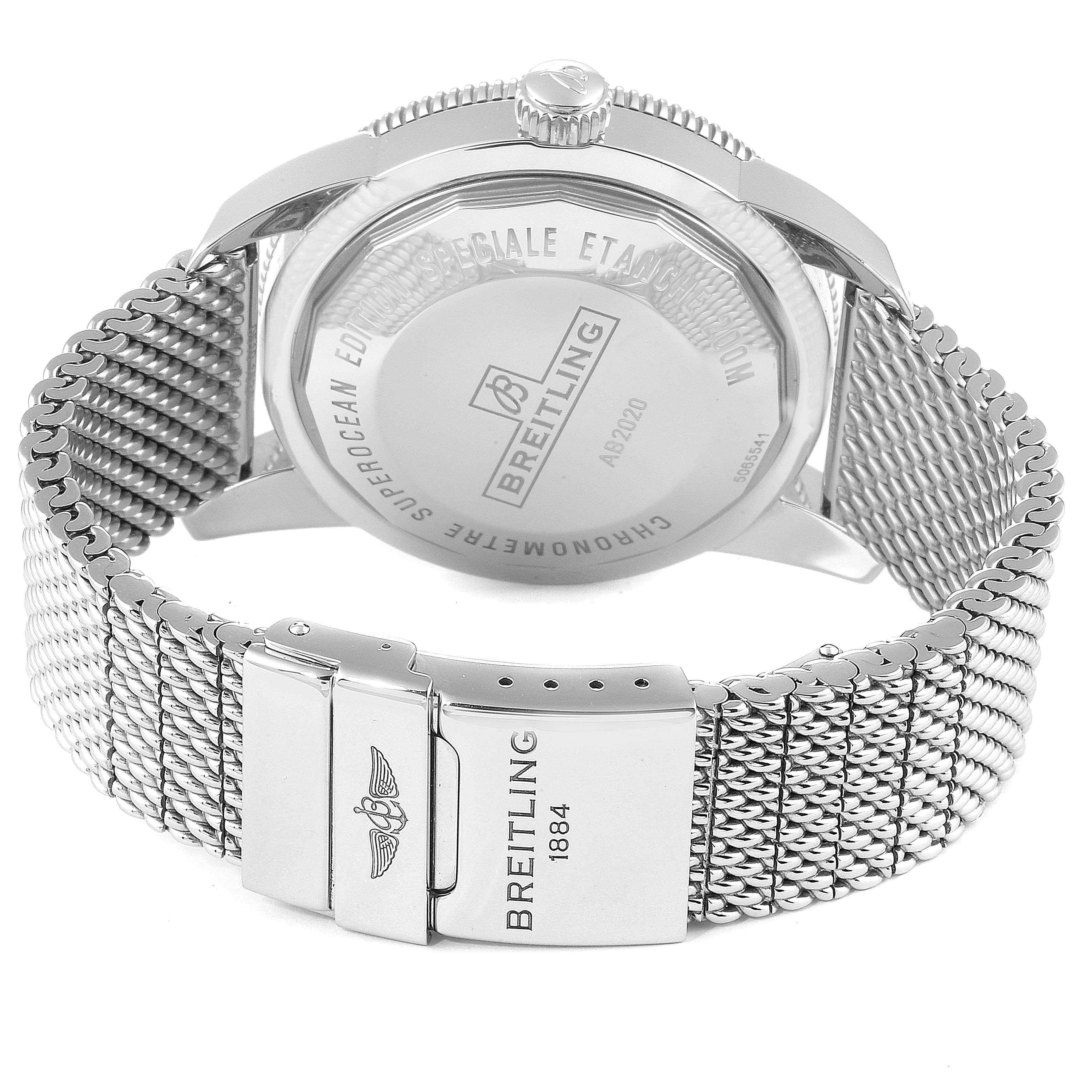 The image shows the back case and stainless steel mesh strap of a Breitling Superocean AB202016-C961-152A Men
s Stainless Steel Blue Dial AB202016-C961-152A Men
s Stainless Steel Blue Dial watch.