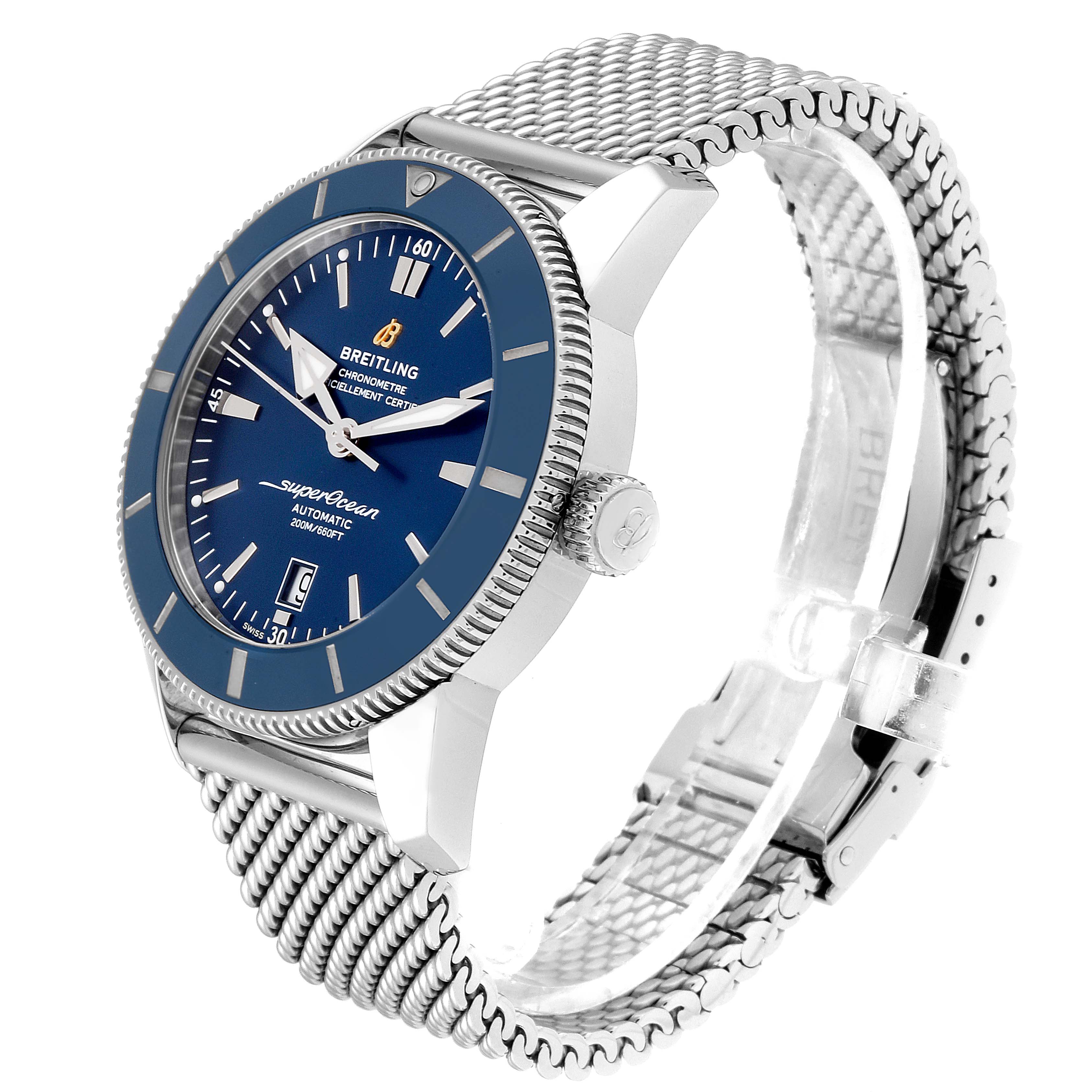 The Breitling Superocean AB202016-C961-152A Men
s Stainless Steel Blue Dial AB202016-C961-152A Men
s Stainless Steel Blue Dial watch is shown at an angle highlighting the face, crown, bezel, and mesh bracelet.