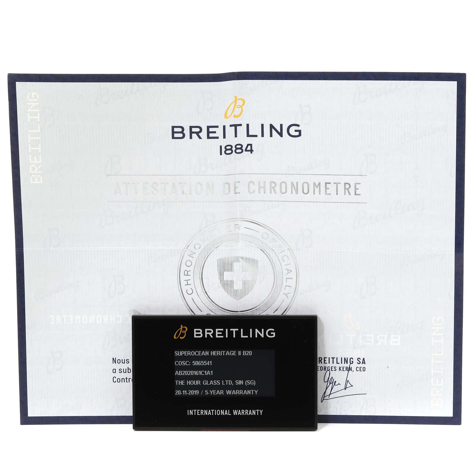 This image shows the certificate and international warranty card for the Breitling Superocean AB202016-C961-152A Men
s Stainless Steel Blue Dial AB202016-C961-152A Men
s Stainless Steel Blue Dial Heritage II B20 watch.
