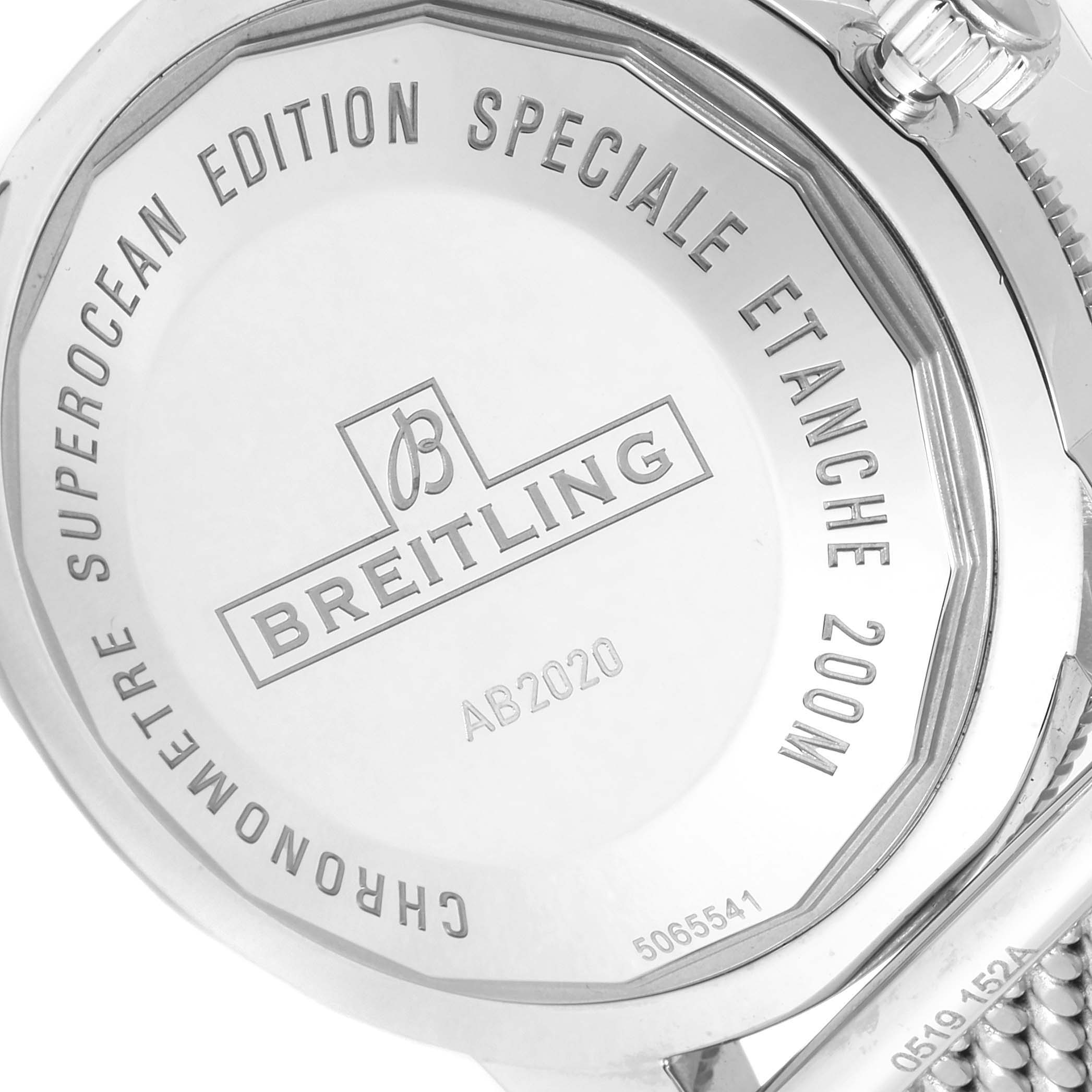 The image shows the back case of a Breitling Superocean AB202016-C961-152A Men
s Stainless Steel Blue Dial AB202016-C961-152A Men
s Stainless Steel Blue Dial watch, highlighting the engravings and branding.