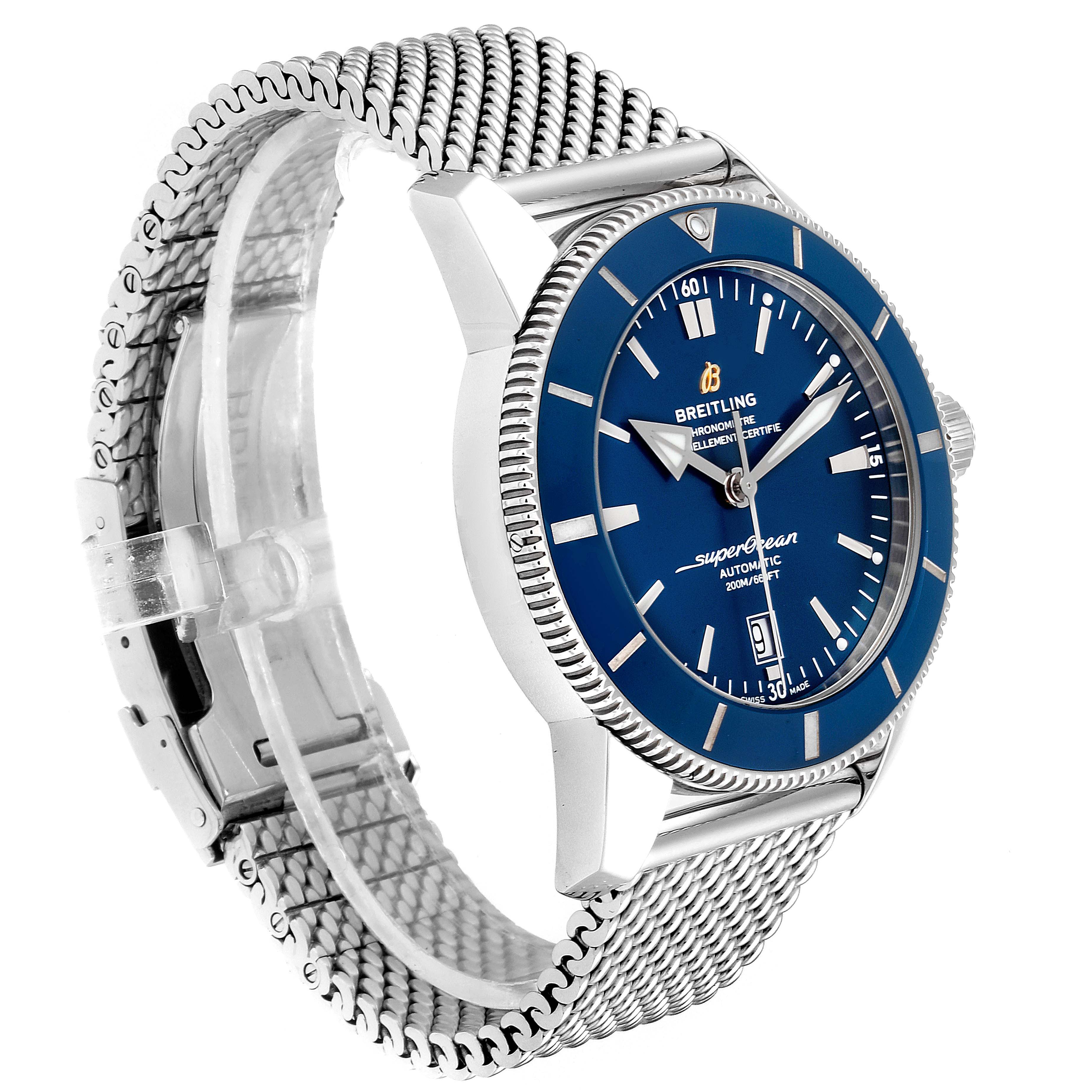 The Breitling Superocean AB202016-C961-152A Men
s Stainless Steel Blue Dial AB202016-C961-152A Men
s Stainless Steel Blue Dial watch is shown from a right-side angle, highlighting the blue dial, bezel, and mesh bracelet.