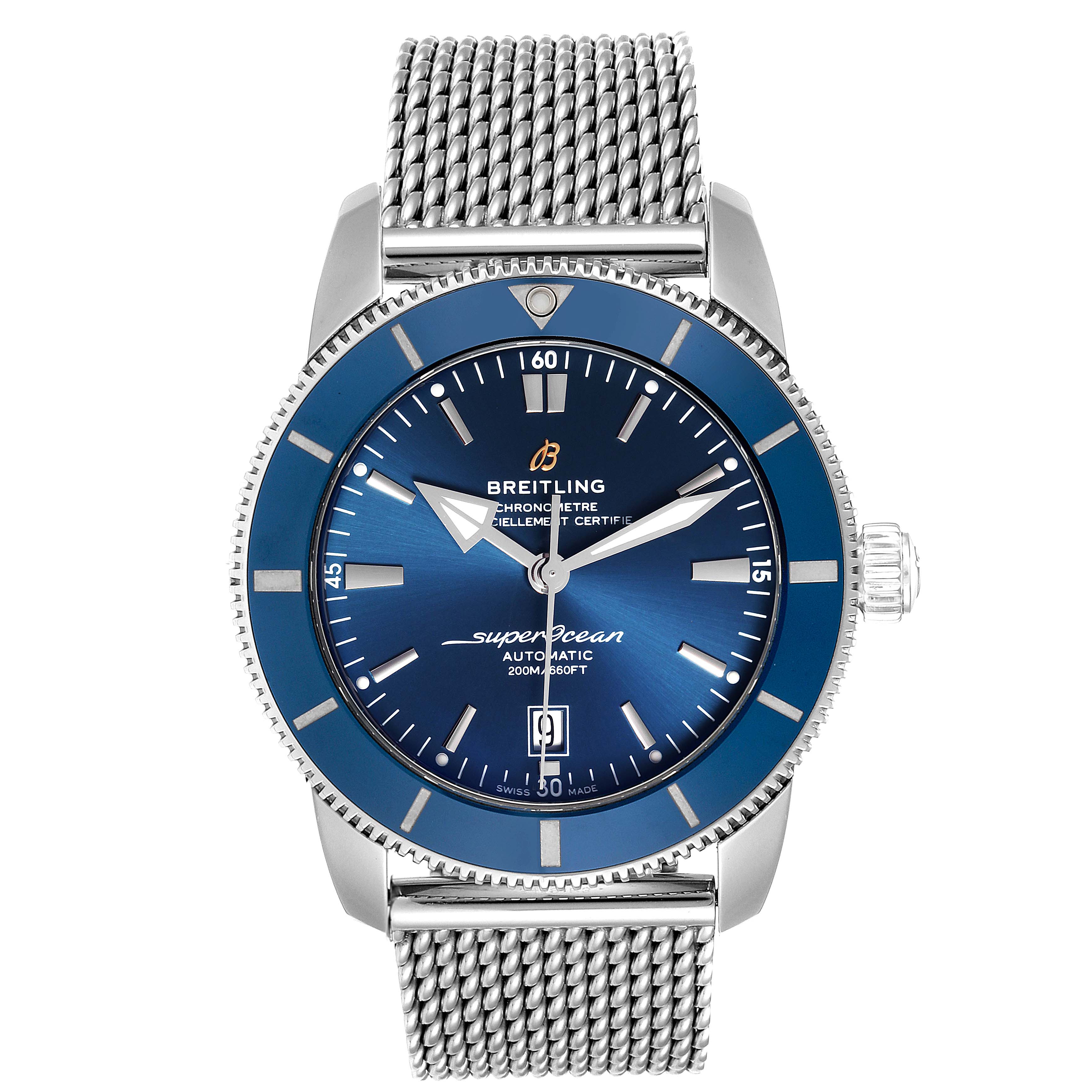 This image shows a front view of the Breitling Superocean AB202016-C961-152A Men
s Stainless Steel Blue Dial AB202016-C961-152A Men
s Stainless Steel Blue Dial watch, featuring its blue dial and stainless steel mesh bracelet.