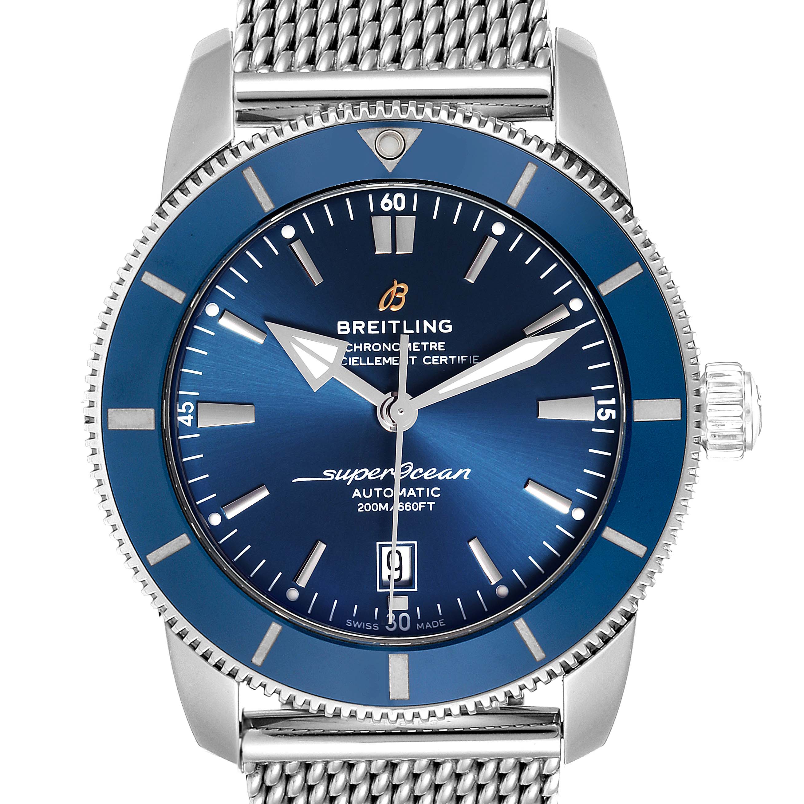 The image shows a front view of a Breitling Superocean AB202016-C961-152A Men
s Stainless Steel Blue Dial AB202016-C961-152A Men
s Stainless Steel Blue Dial watch with a blue dial and stainless steel mesh bracelet.