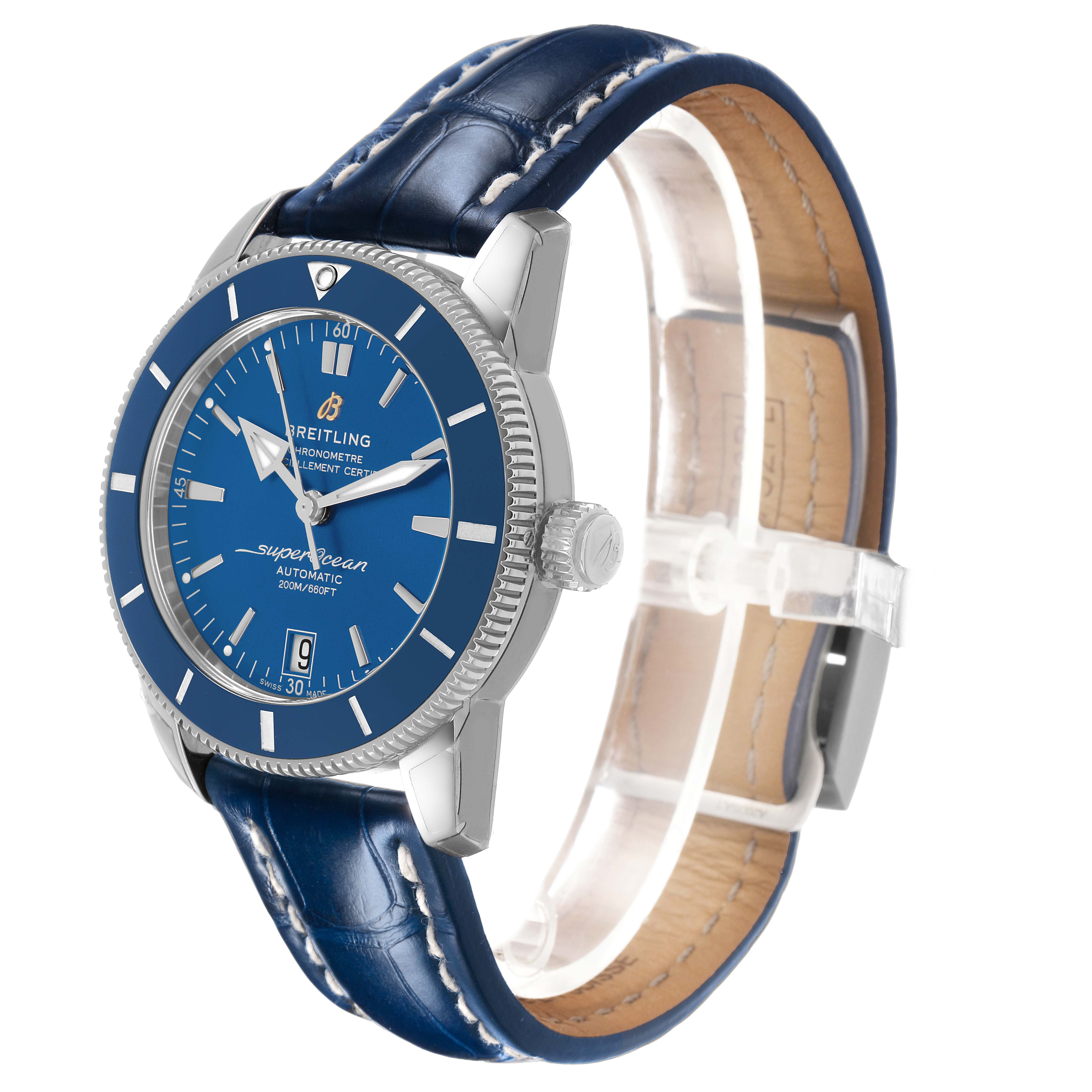 The Breitling Superocean A17321 Men's Stainless Steel Blue Dial watch is shown at a three-quarter angle, displaying the face, bezel, crown, and leather strap.