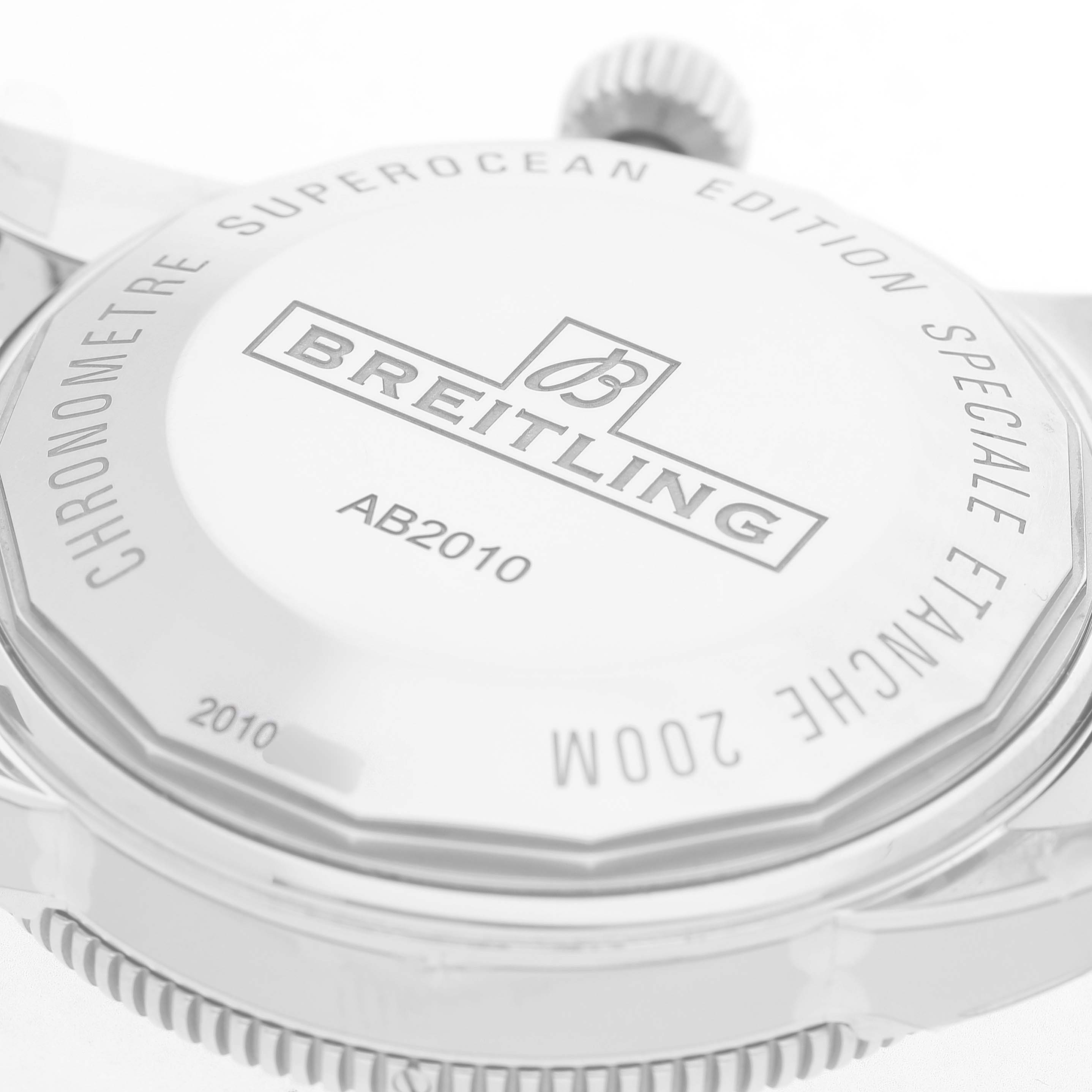 The image shows the back case of a Breitling Superocean A17321 Men's Stainless Steel Blue Dial watch, highlighting its branding and model details.