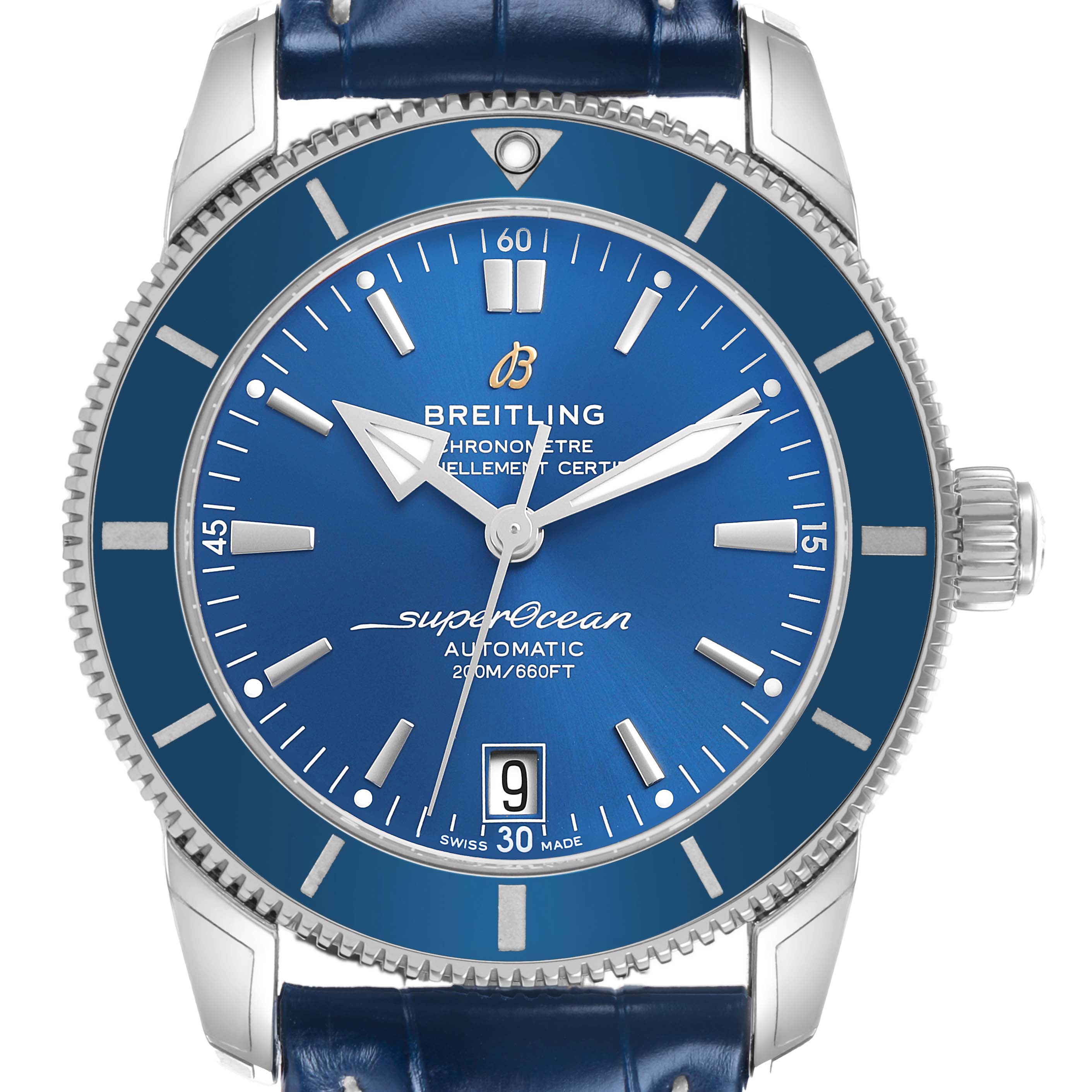 The Breitling Superocean A17321 Men's Stainless Steel Blue Dial watch is shown from the front, displaying its blue dial, bezel, and part of the blue leather strap.