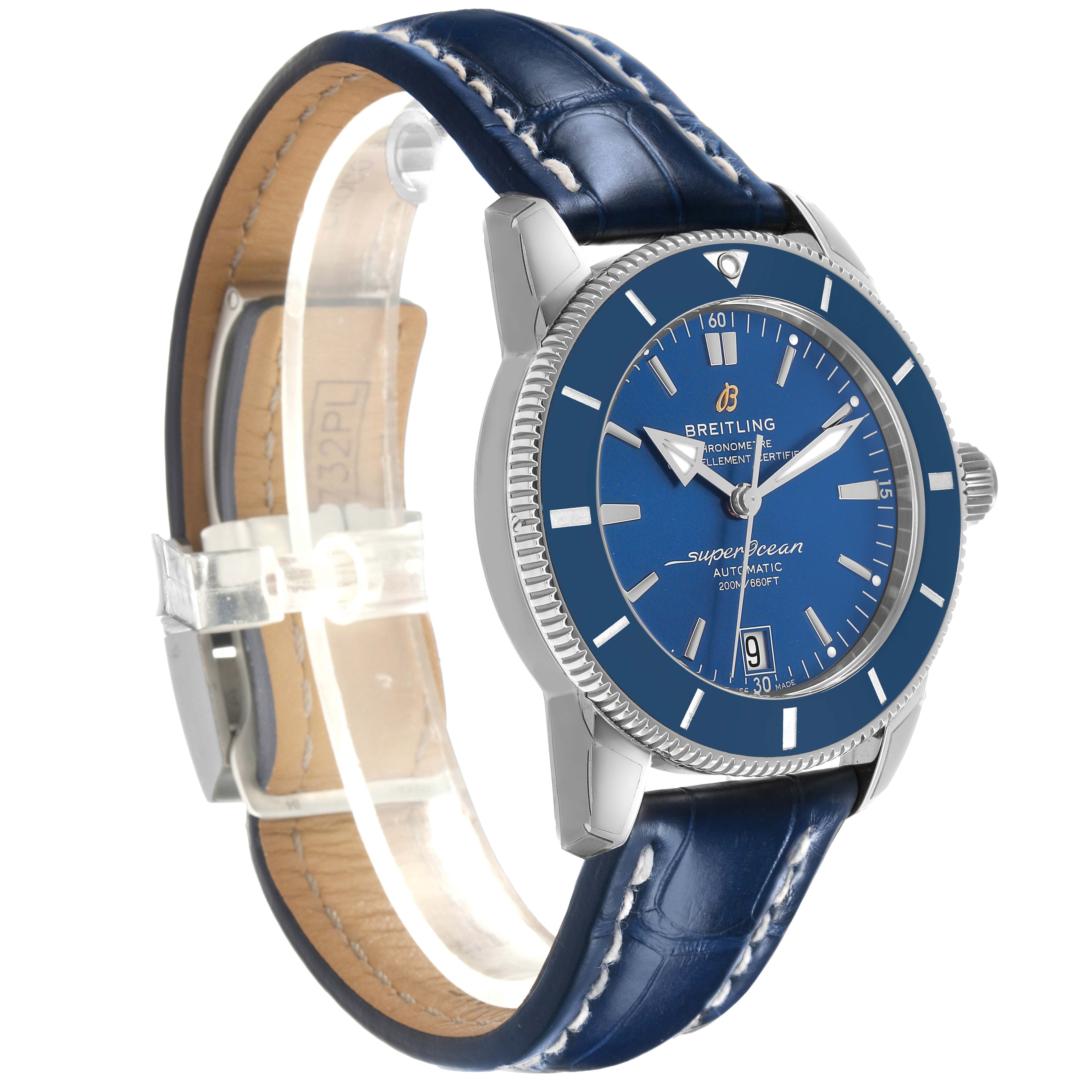 The Breitling Superocean A17321 Men's Stainless Steel Blue Dial watch is shown at an angled front view, displaying the blue dial, bezel, and leather strap.