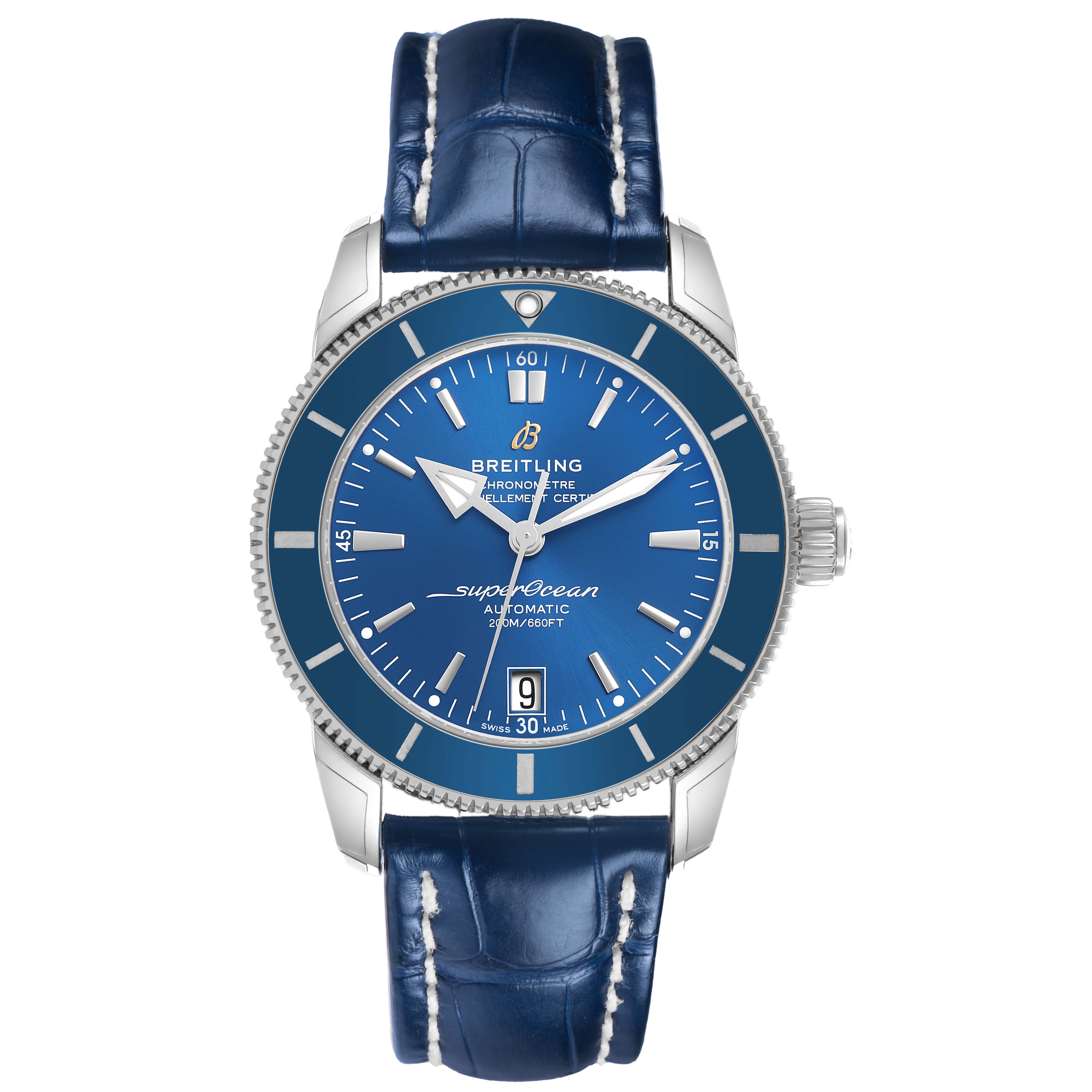 The Breitling Superocean A17321 Men's Stainless Steel Blue Dial model is shown front-facing, highlighting the blue dial, bezel, and leather strap.