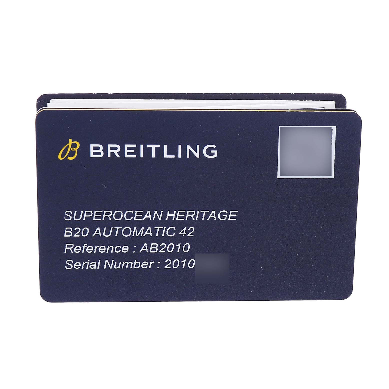 The image shows a warranty card for the Breitling Superocean A17321 Men's Stainless Steel Blue Dial Heritage B20 Automatic 42.