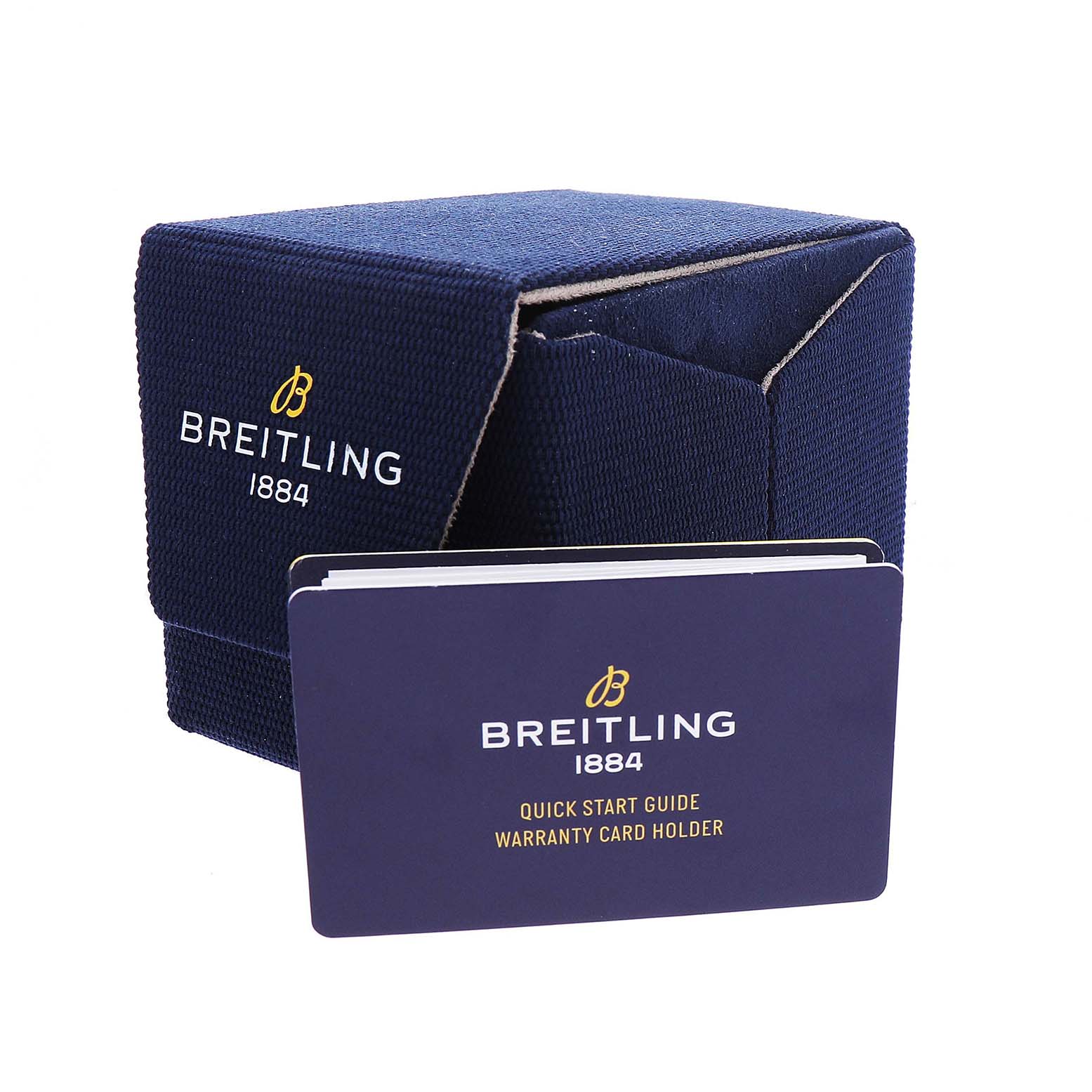 The image shows a Breitling Superocean A17321 Men's Stainless Steel Blue Dial watch box and warranty card at an angled view.