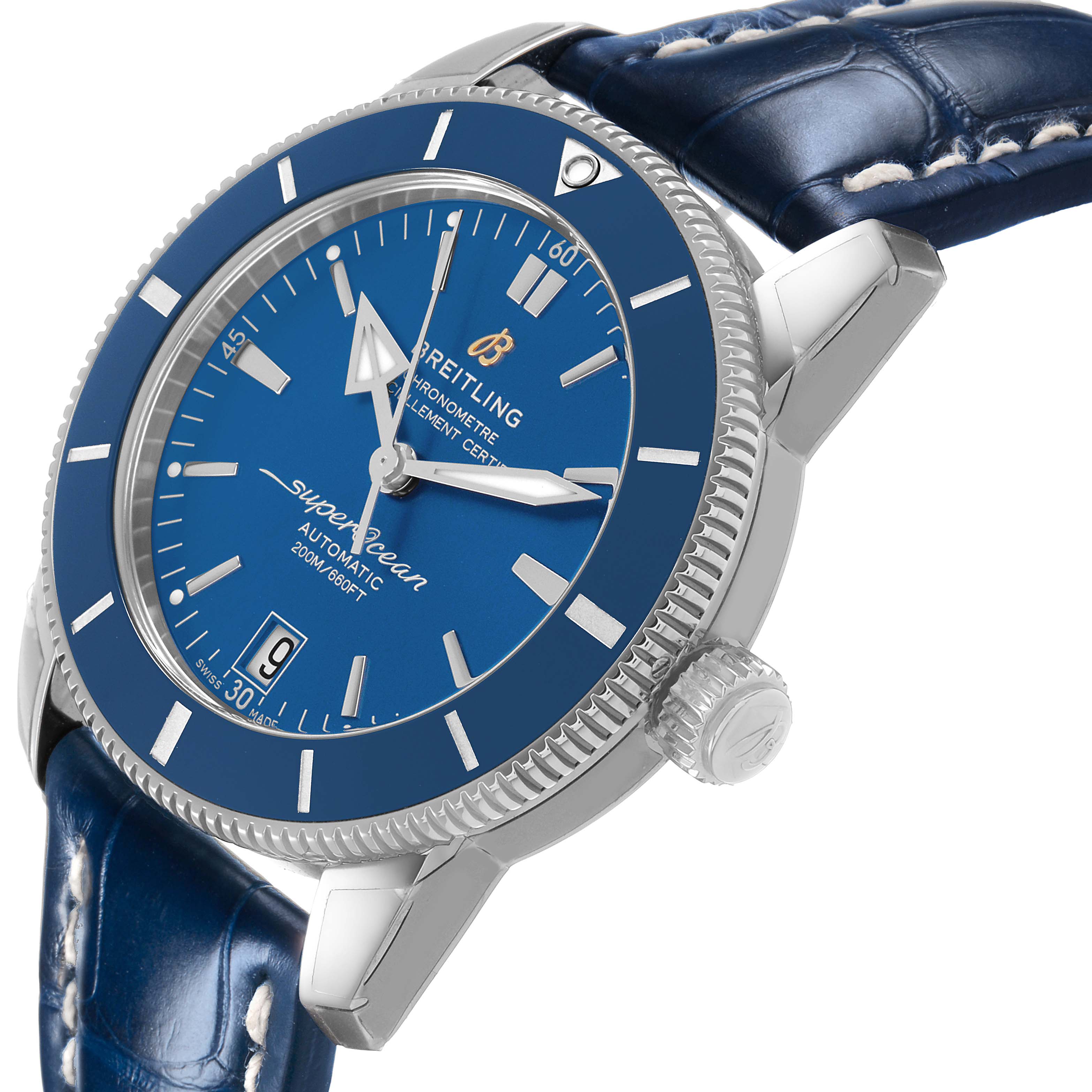 The Breitling Superocean A17321 Men's Stainless Steel Blue Dial watch is shown from a slight side angle, highlighting the bezel, crown, dial, and blue leather strap.