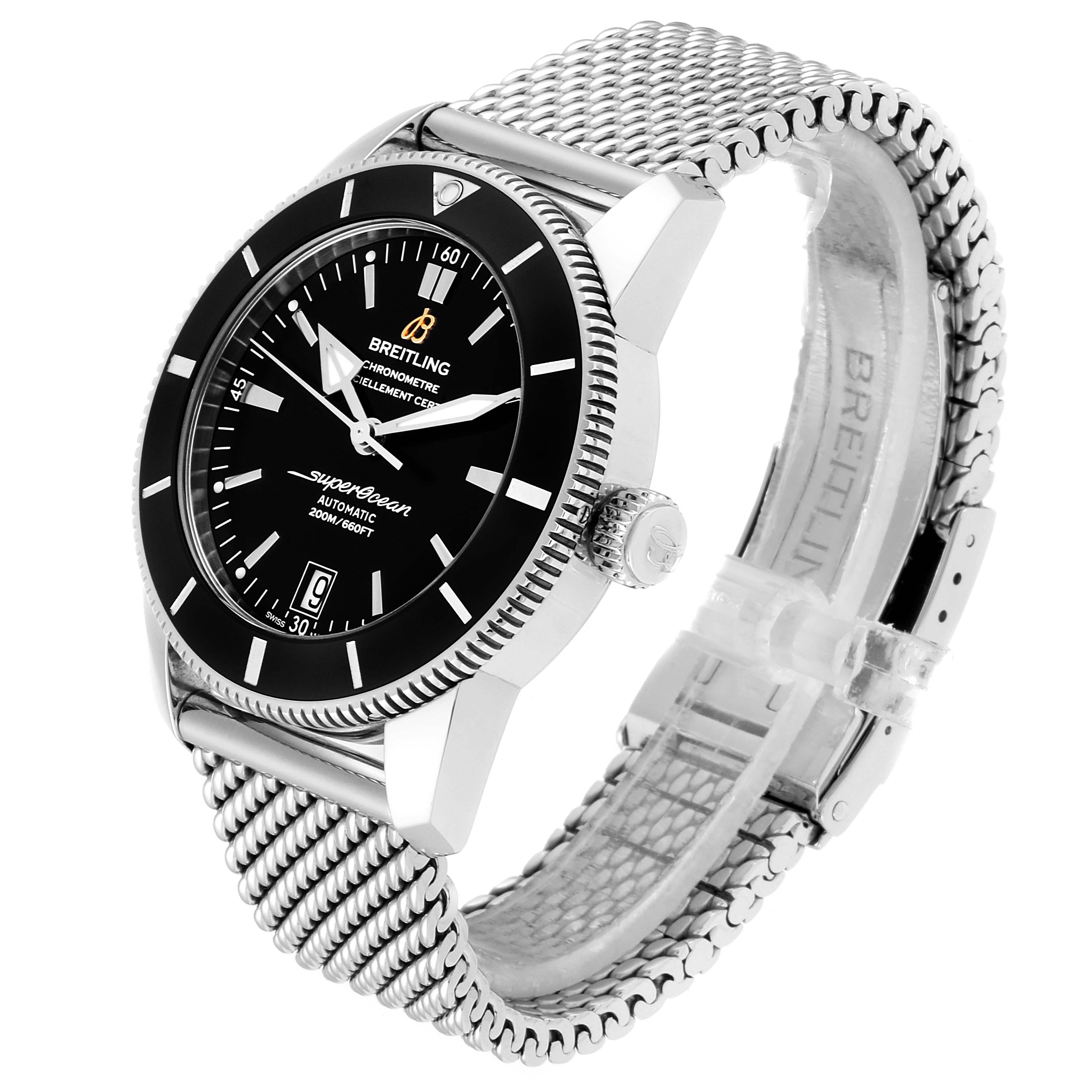 The image shows a Breitling Superocean AB2010161C1A1 Men
s Stainless Steel Black Dial AB2010161C1A1 Men
s Stainless Steel Black Dial watch at an oblique angle, highlighting the dial, bezel, crown, and mesh bracelet.