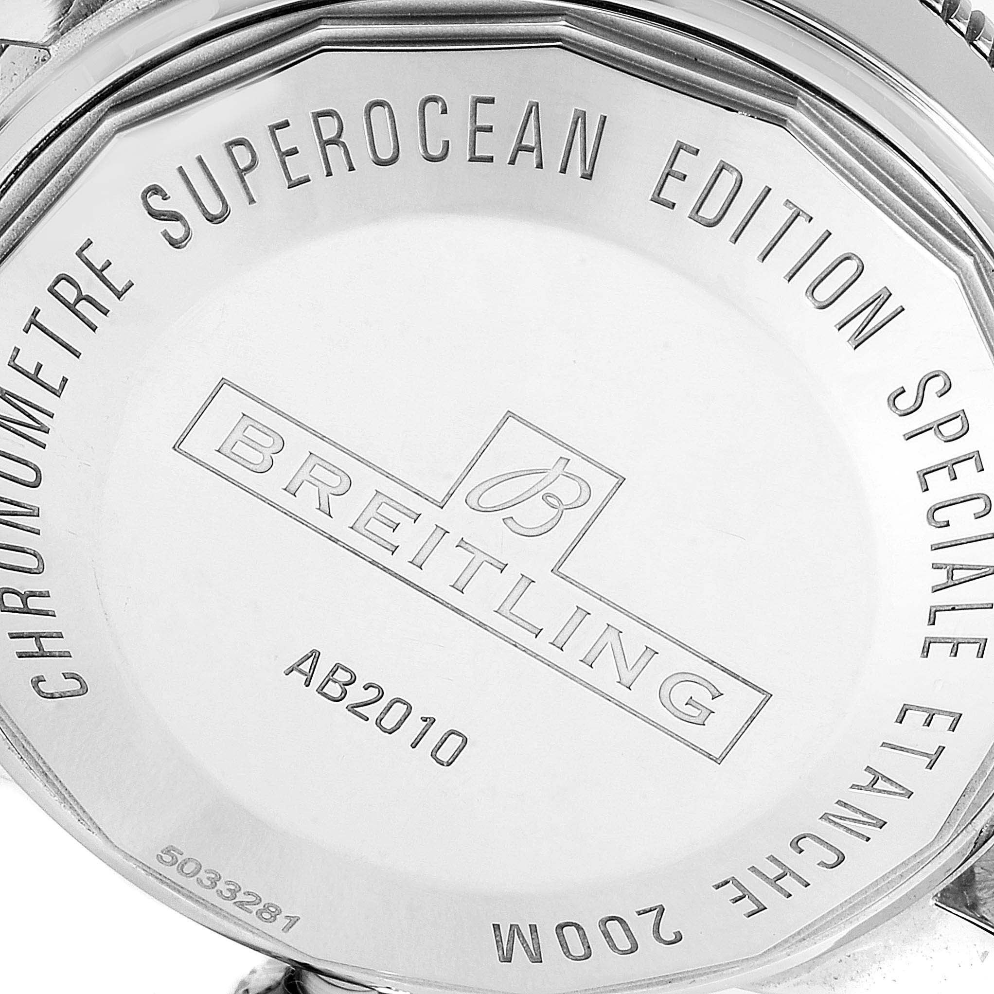 The image shows the back case of a Breitling Superocean AB2010161C1A1 Men
s Stainless Steel Black Dial AB2010161C1A1 Men
s Stainless Steel Black Dial watch, highlighting its engravings and brand logo.