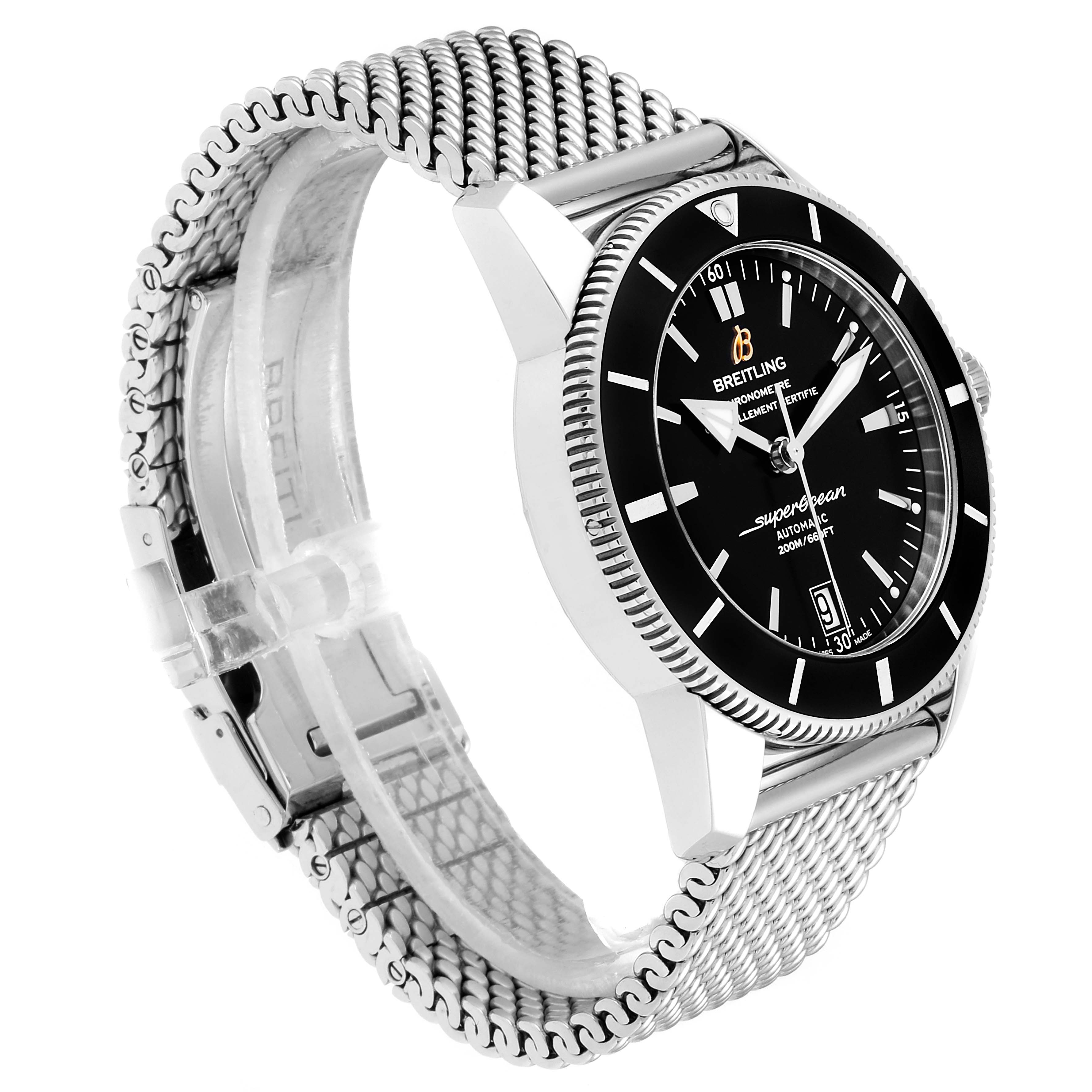 The image shows a side angle of the Breitling Superocean AB2010161C1A1 Men
s Stainless Steel Black Dial AB2010161C1A1 Men
s Stainless Steel Black Dial watch, highlighting its face, bezel, and mesh bracelet.