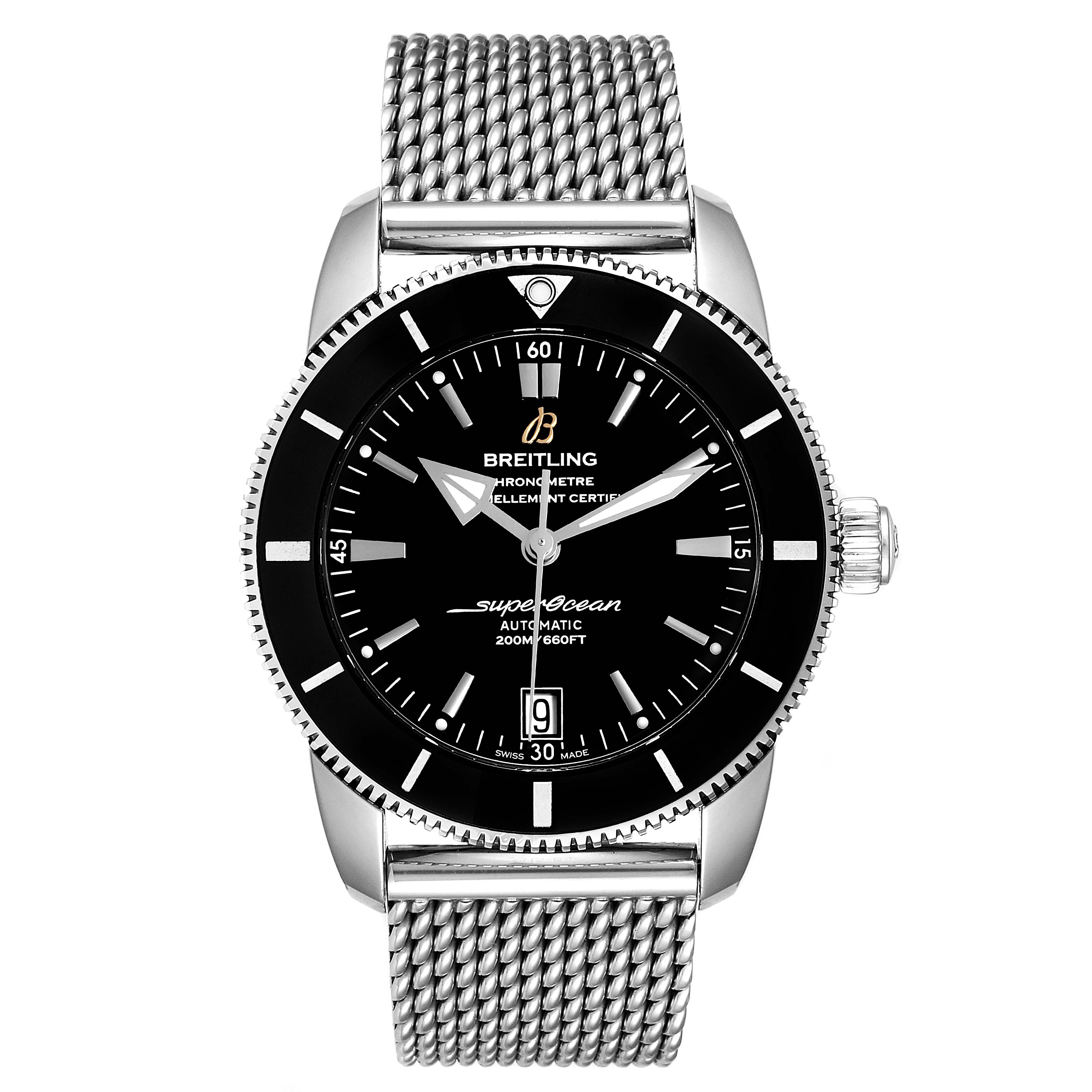 The image shows the front view of a Breitling Superocean AB2010161C1A1 Men
s Stainless Steel Black Dial AB2010161C1A1 Men
s Stainless Steel Black Dial watch, highlighting the dial, bezel, and steel mesh bracelet.
