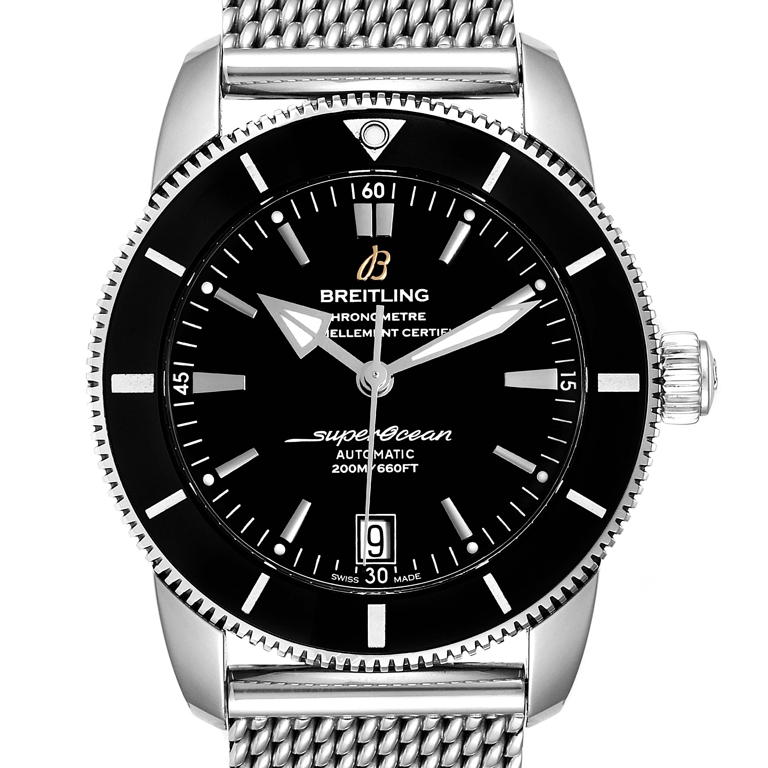 This Breitling Superocean AB2010161C1A1 Men
s Stainless Steel Black Dial AB2010161C1A1 Men
s Stainless Steel Black Dial watch is shown from the front, detailing the dial, bezel, and part of the bracelet.
