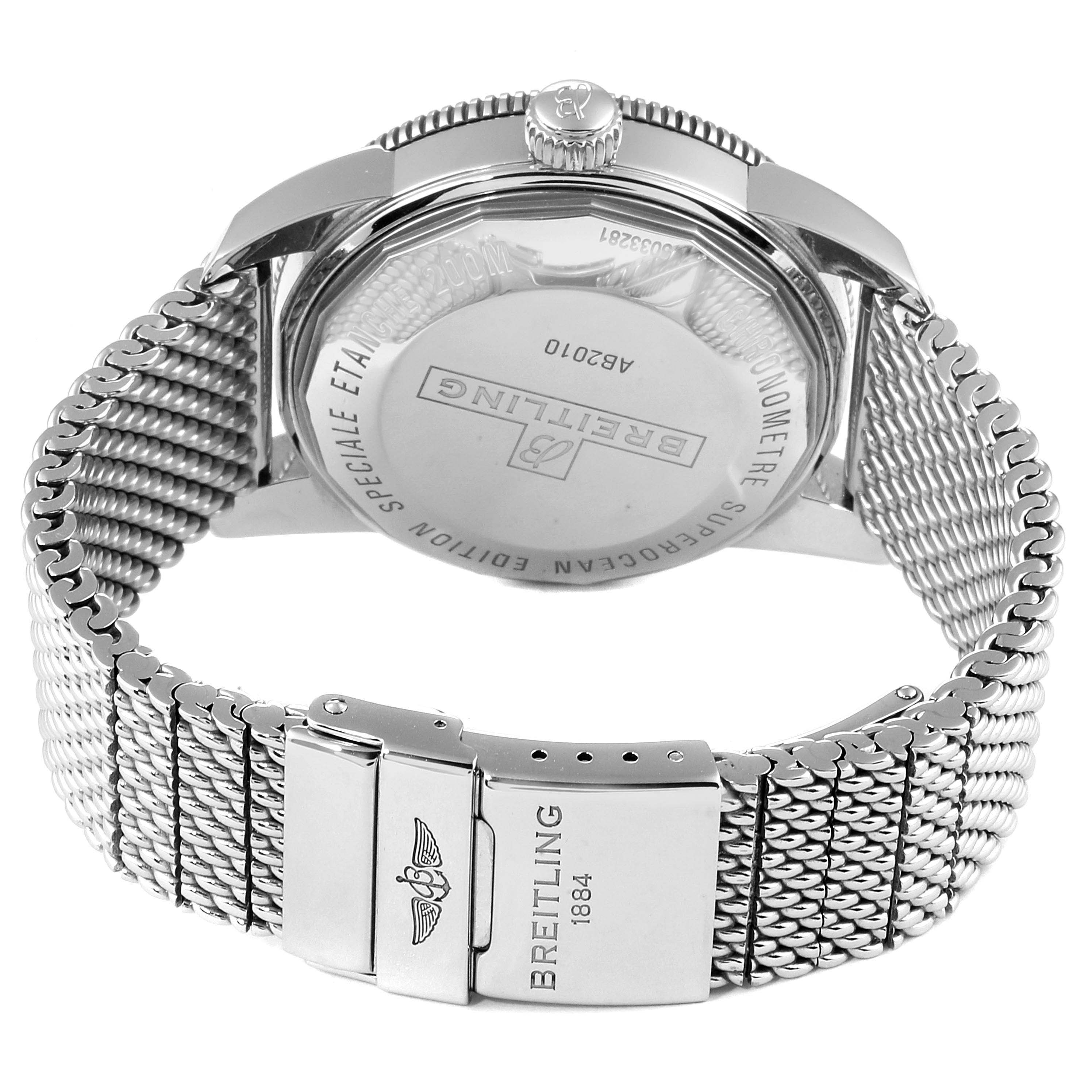 This image shows the back view of the Breitling Superocean AB2010161C1A1 Men
s Stainless Steel Black Dial AB2010161C1A1 Men
s Stainless Steel Black Dial watch, highlighting its bracelet and clasp.