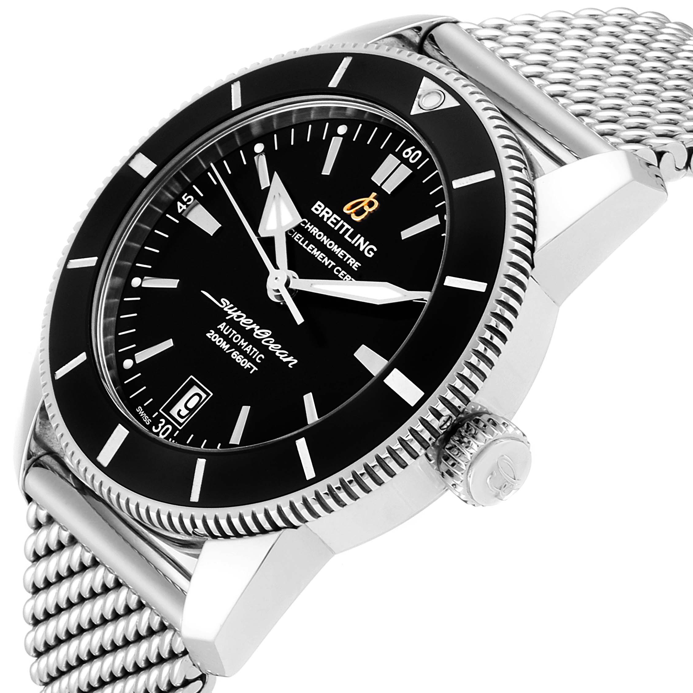 The image shows the Breitling Superocean AB2010161C1A1 Men
s Stainless Steel Black Dial AB2010161C1A1 Men
s Stainless Steel Black Dial watch from an angled side view, highlighting the dial, bezel, and crown.