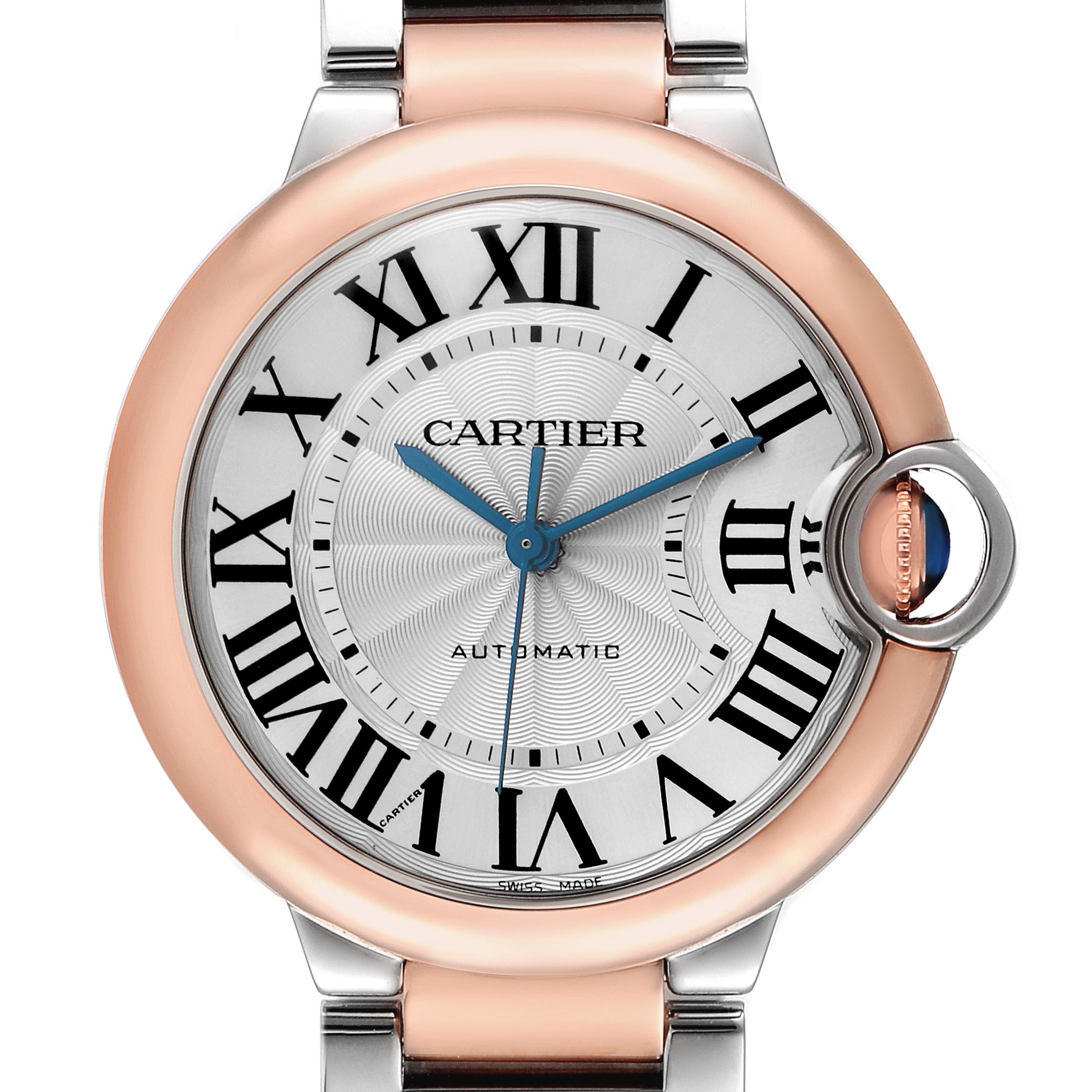 The Cartier Ballon Bleu W2BB0003 Men
s Steel and Gold (two tone) Silver Dial W2BB0003 Men
s Steel and Gold (two tone) Silver Dial watch is shown from a front angle, highlighting its round face, Roman numerals, and crown detail.