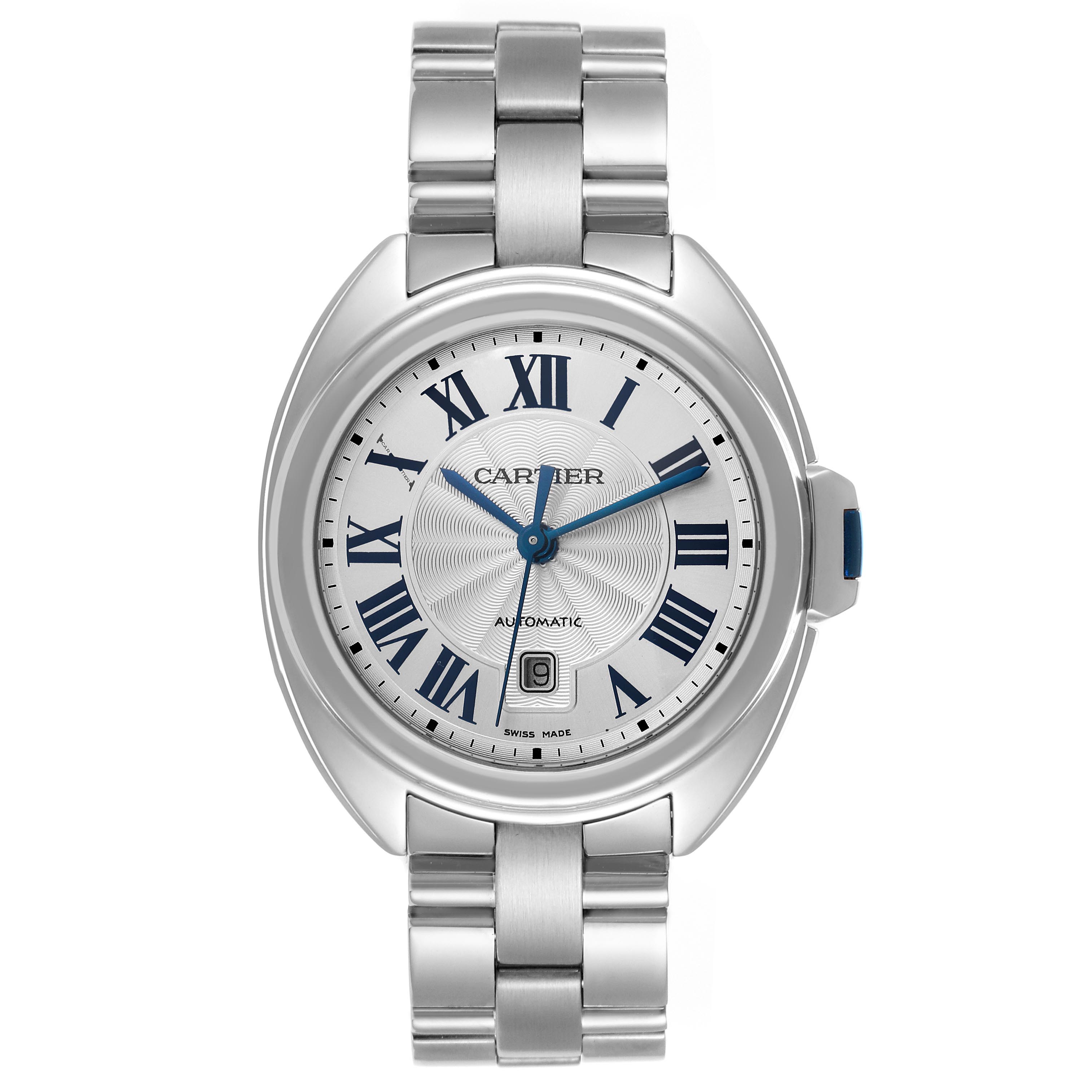 The Cartier Clé watch is shown from the front, displaying its face, bezel, crown, and metal bracelet.