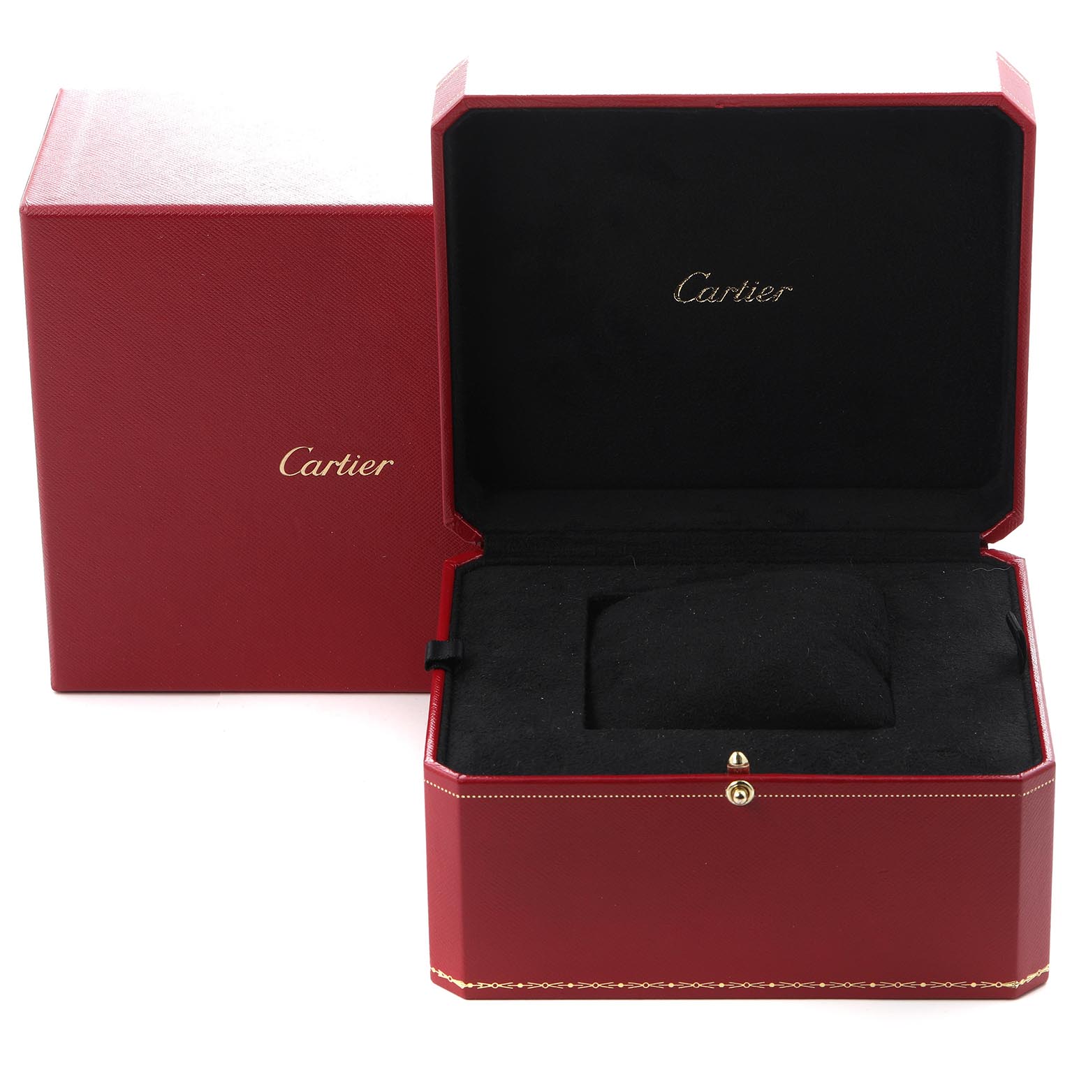 The image shows a Cartier Cle WSCL0005 Women
s Stainless Steel Silver Dial WSCL0005 Women
s Stainless Steel Silver Dial watch box, open, displaying the cushioned interior for storing the watch.