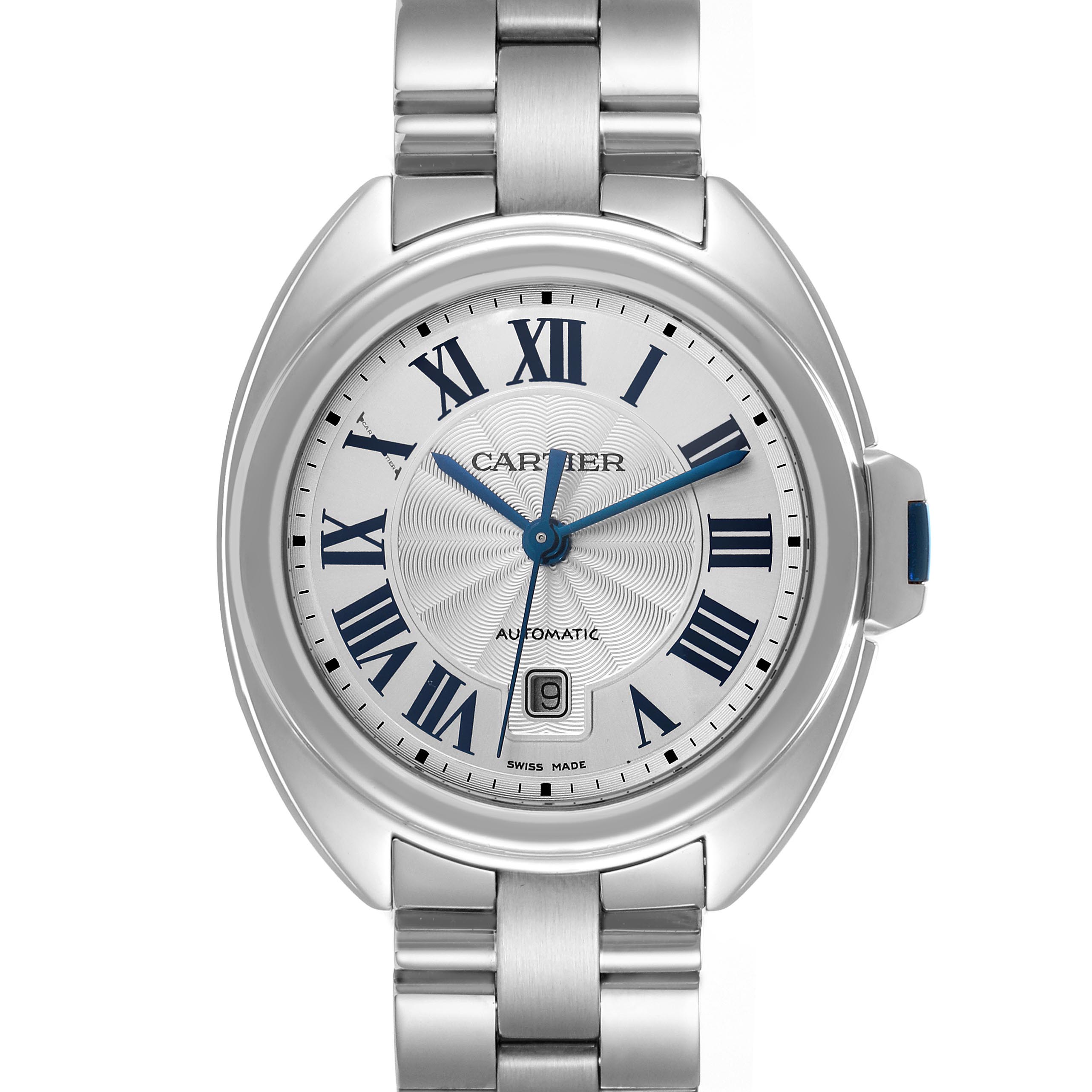 The Cartier Clé watch is shown from the front, displaying the dial, case, and bracelet links.