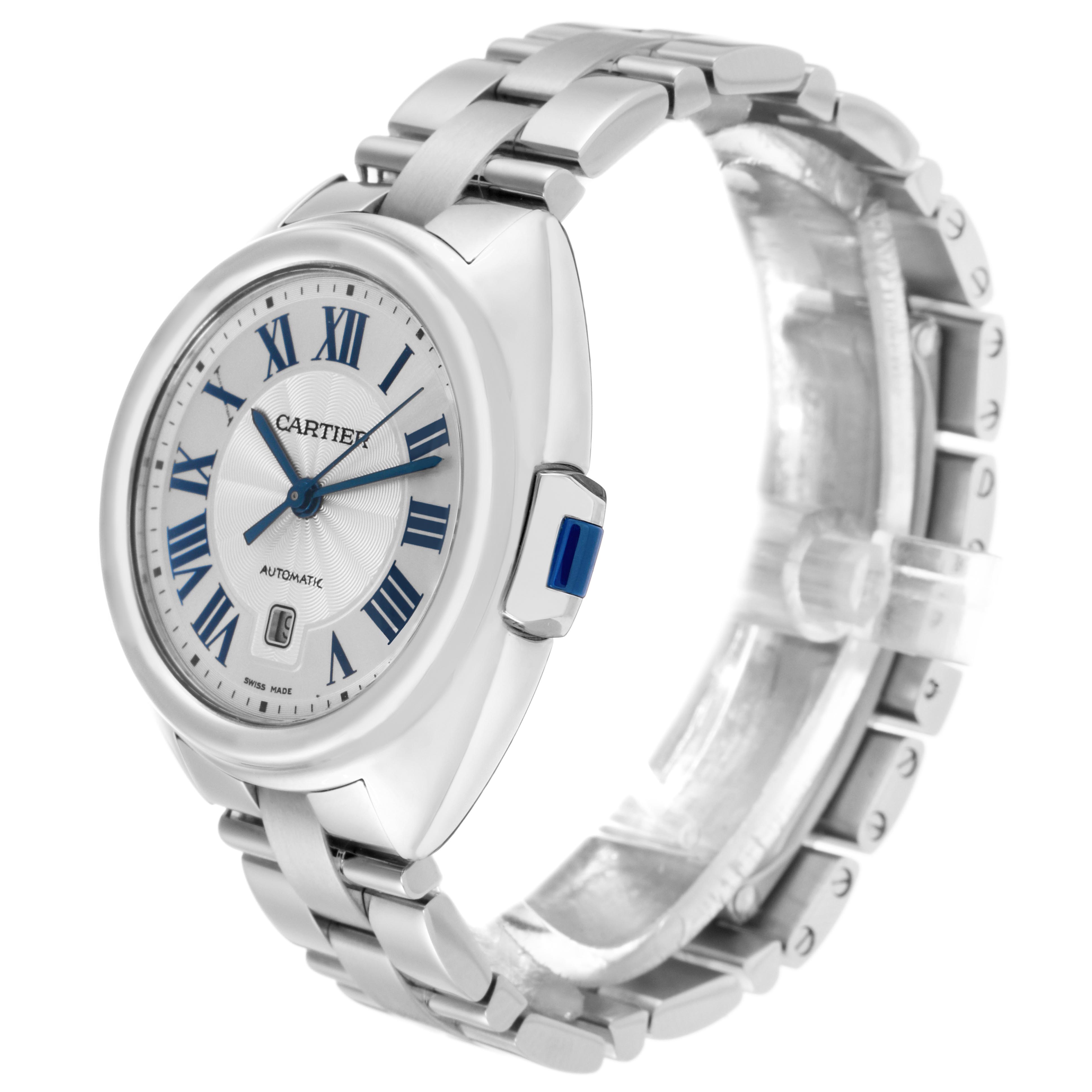 The Cartier Clé watch is shown at a side angle, displaying the face, crown, and bracelet.