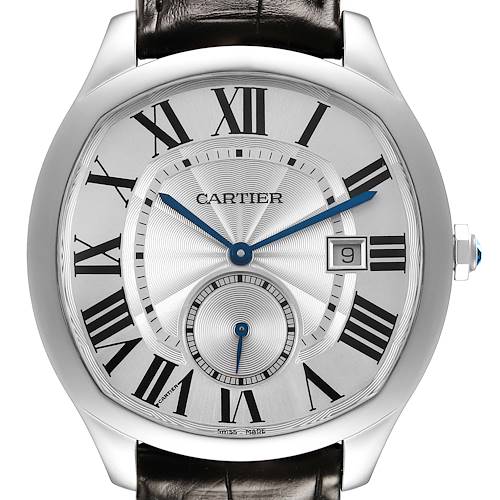 The Drive de Cartier watch is shown from a front angle, highlighting its Roman numerals, blue hands, sub-dial, and date window.
