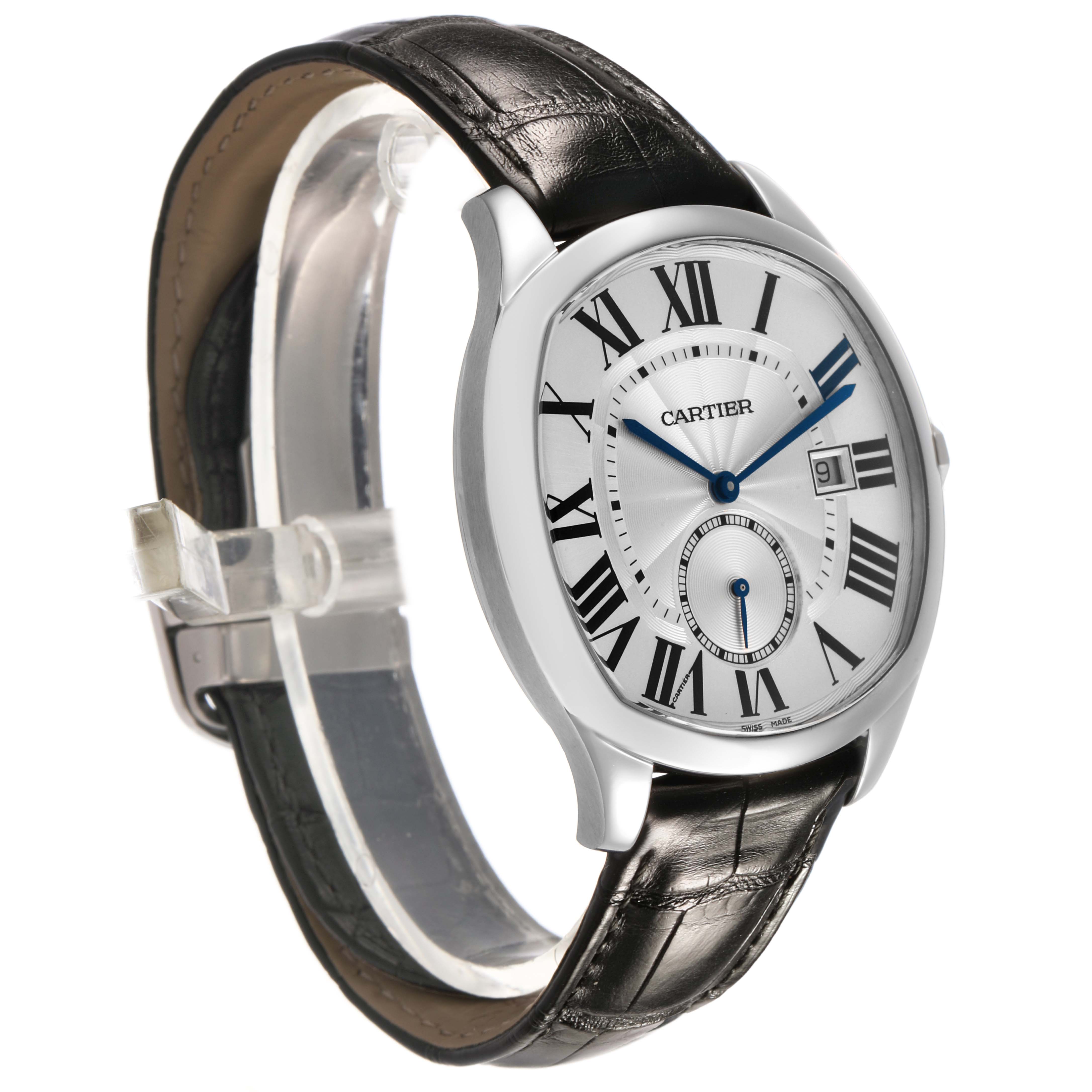 The Drive de Cartier watch is shown at an angled side view, highlighting the dial, case, and leather strap.