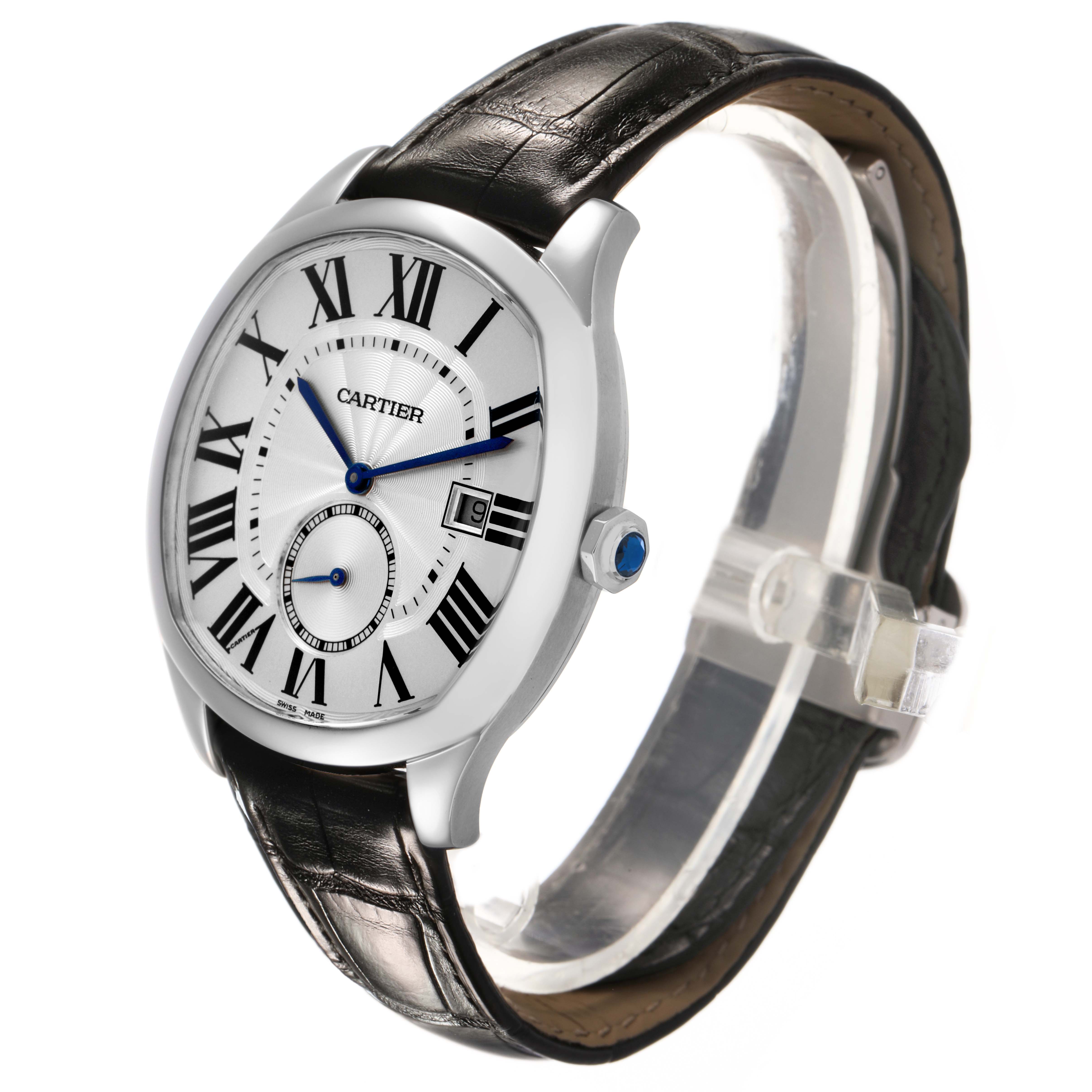 The Drive de Cartier watch is shown at a slight angle displaying the dial, Roman numerals, and blue hands, with a leather strap visible.
