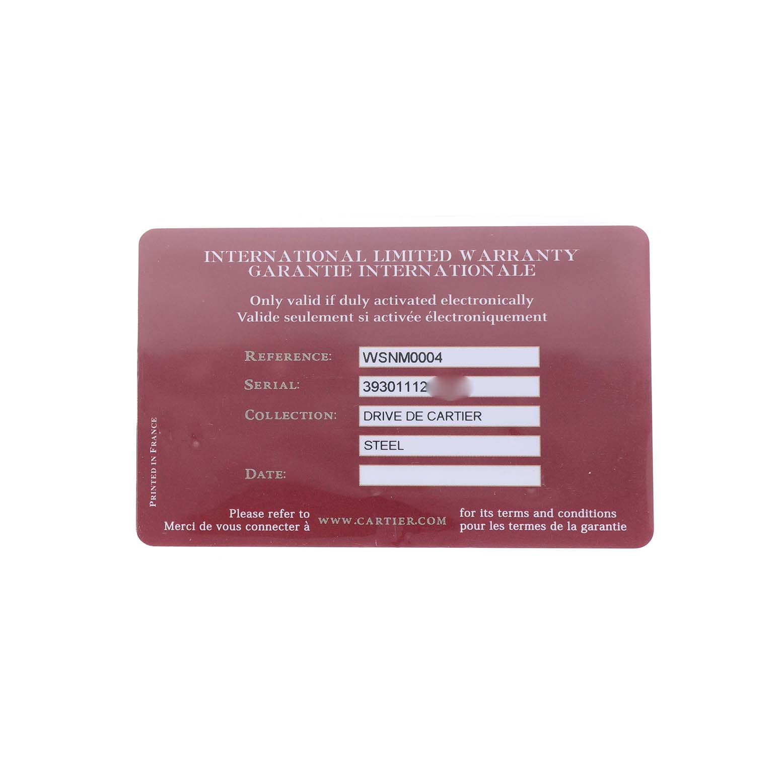 The image shows the International Limited Warranty card for the Drive de Cartier model by Cartier.
