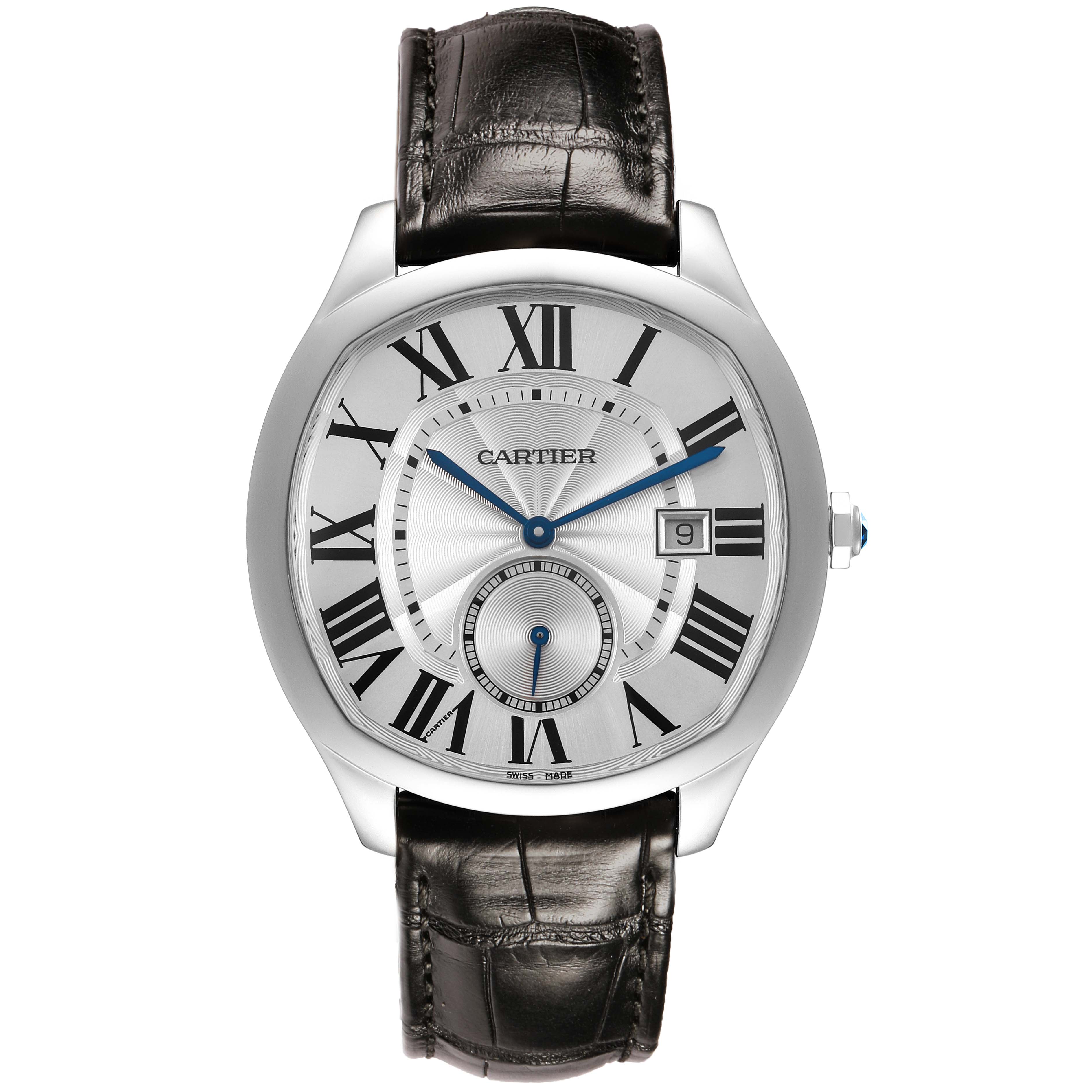 The Drive de Cartier watch is shown from a front angle, displaying the face, Roman numerals, and black leather strap.