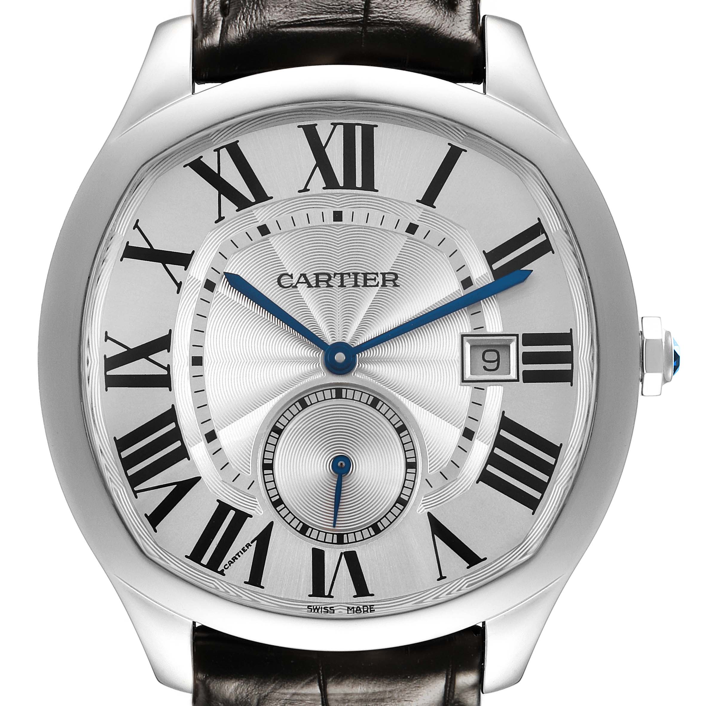 The Drive de Cartier watch is shown from the front, displaying the dial with Roman numerals, date window, and blue hands.