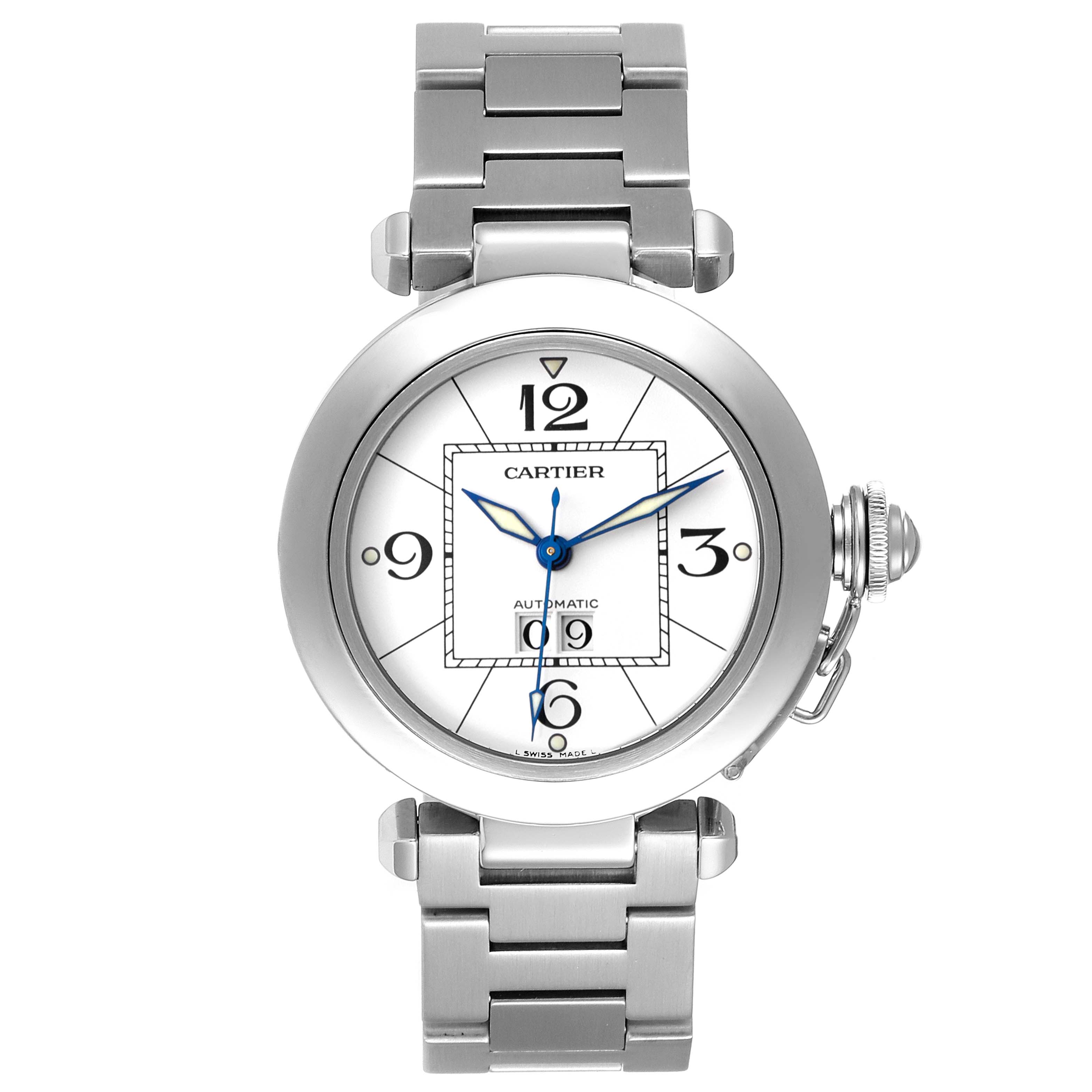 This image shows a front view of a Cartier Pasha W31055M7 Women's Stainless Steel White Dial W31055M7 Women's Stainless Steel White Dial watch, highlighting its dial, crown, and metal bracelet.