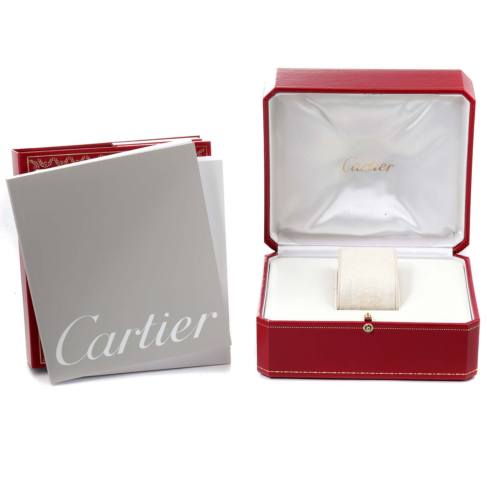 The image shows a Cartier Pasha W31055M7 Women's Stainless Steel White Dial W31055M7 Women's Stainless Steel White Dial watch box and booklet, with the box opened to reveal the interior cushioning.