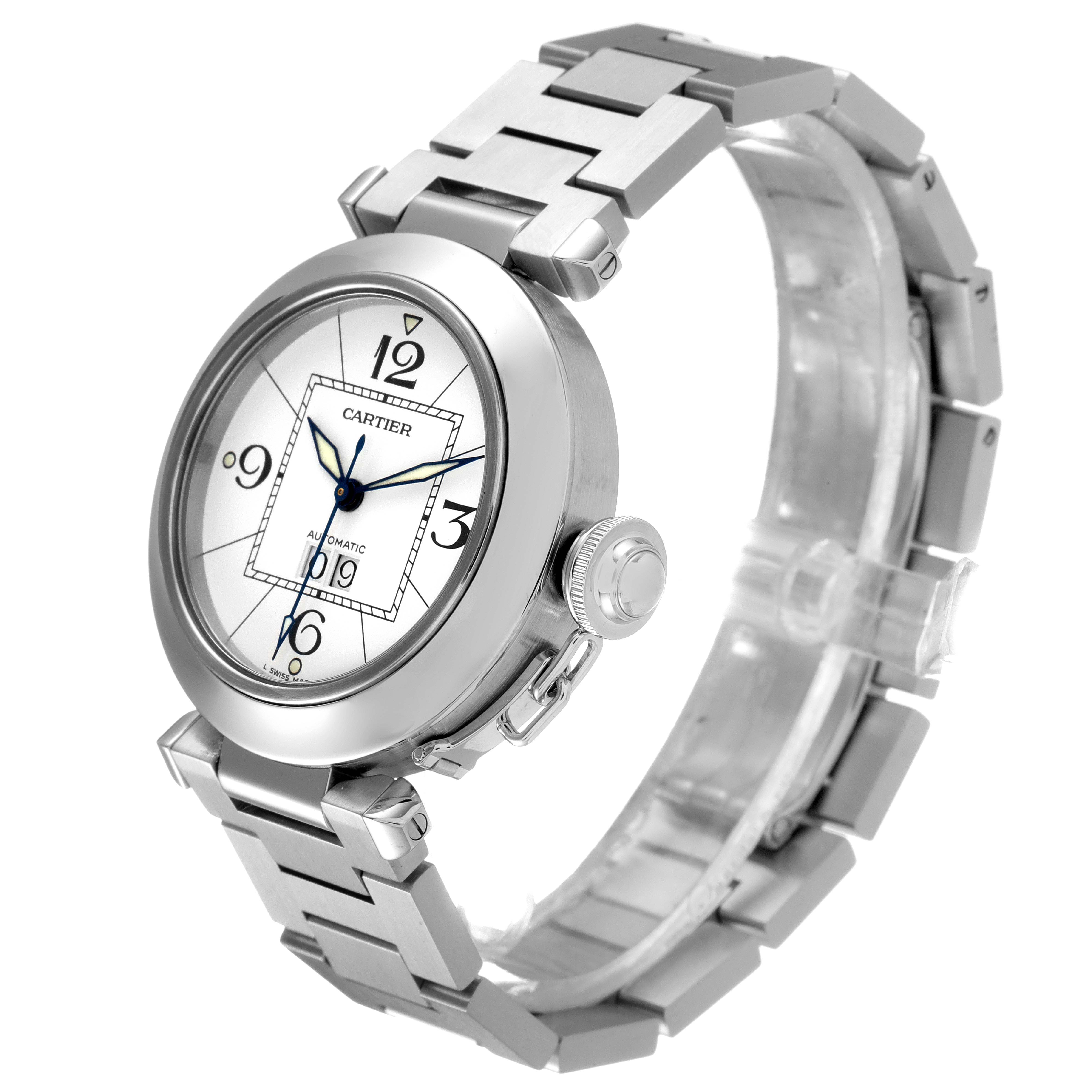 This image shows a Cartier Pasha W31055M7 Women's Stainless Steel White Dial W31055M7 Women's Stainless Steel White Dial watch in a three-quarter angle, highlighting the dial and bracelet.