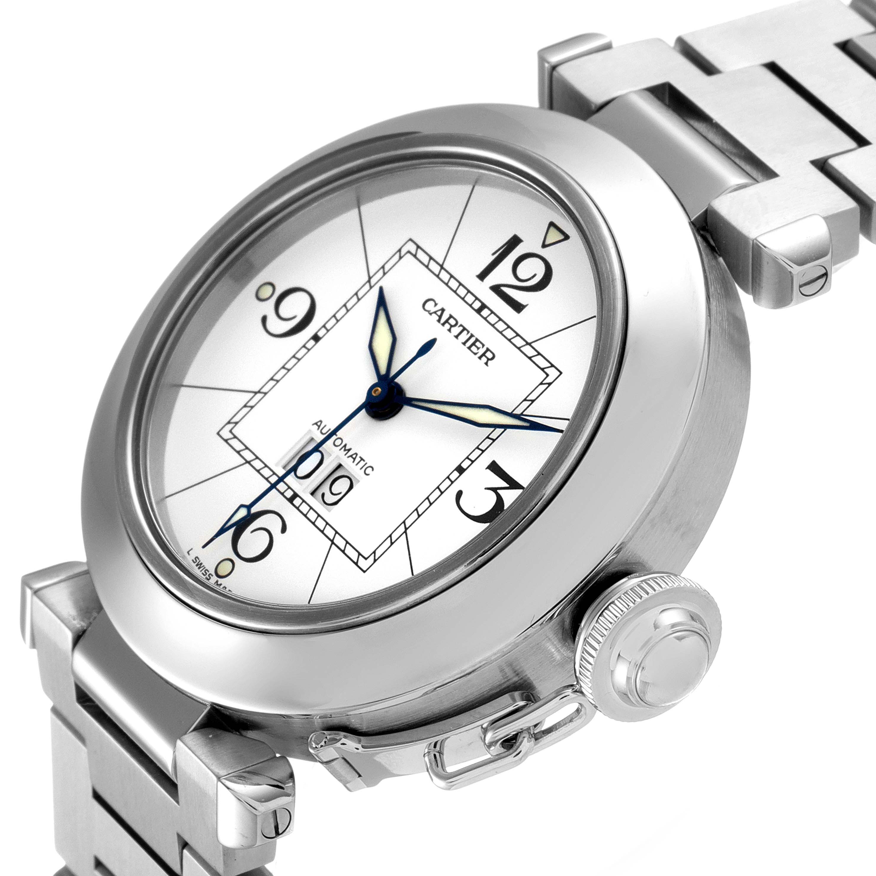 The Cartier Pasha W31055M7 Women's Stainless Steel White Dial W31055M7 Women's Stainless Steel White Dial model watch is shown from an angled side view, highlighting its dial, crown, and metal bracelet.